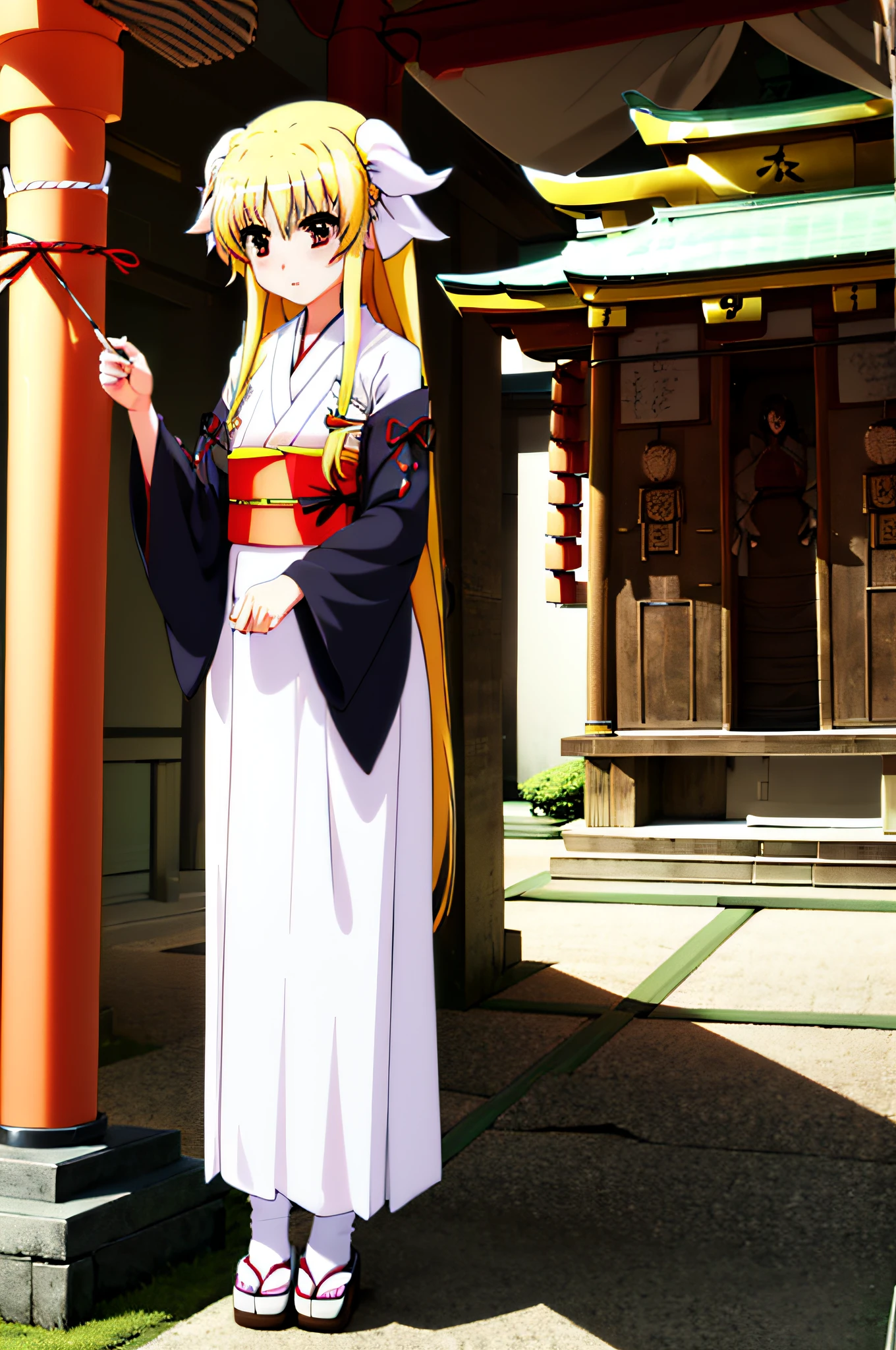 (ultra highdetail, 8k quality, best quality, extremely detailed illustration, anime coloring), (fate testarossa,, (very short stature:1.4), small breast, solo, red eye, long twintails, blonde hair), black ribbon, kimono:1.4, japanese clothes:1.4, very short skirt, lift skirt, no panties, no bra, (breast open clothes:1.4), (transparent clothes:1.4), nipple, show off pussy, embarrassed, open mouth, shinto shrine, looking at viewer,