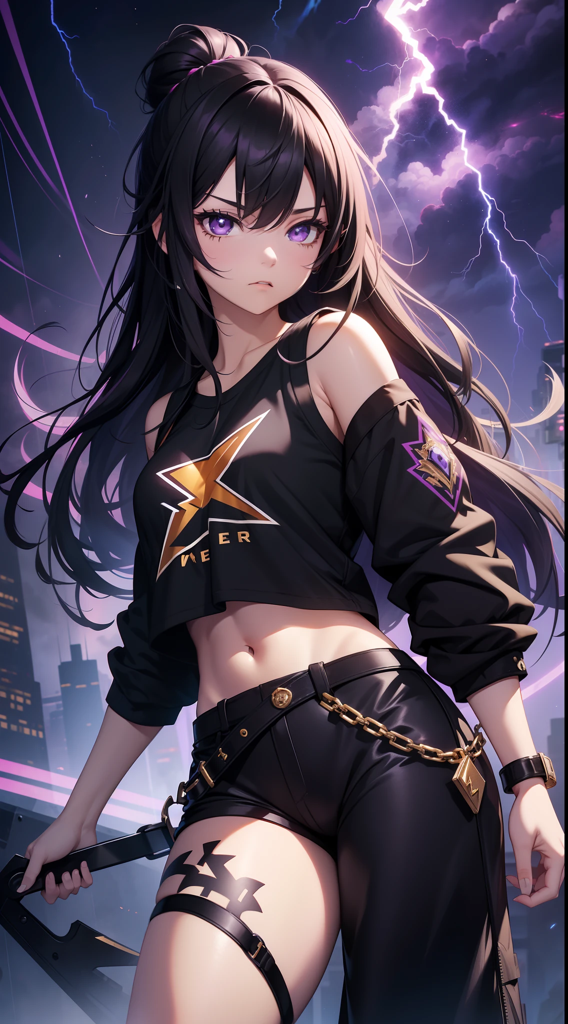 young girl, Long black hair, Black Eyes, purple tight top, baggy pants, Gold patterns, Tatoo, anger, lightning bolts, Masterpiece, hiquality, 4k, HD, Good detail