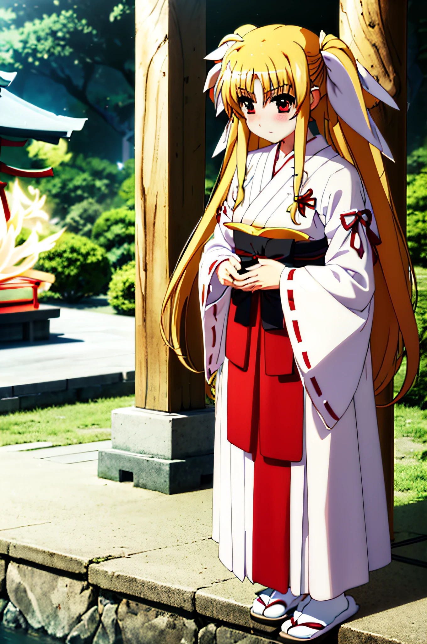 Life activities, 1girl in, ((shrines:1.5)), ((strong breeze)),(masutepiece:1.2), Best Quality,Best Beautiful Girl, High resolution, Unity 8k壁纸, (Illustration:0.8), Perfect Lighting, extremely details CG, (Perfect hands, Perfect Anatomy),model poses,Eyes open,(masutepiece:1.2), Best Quality, Fate Testarossa, 1girl in, a blond,Long hair, Twin-tailed, a black ribbon,((shrine maiden clothe:1.5)), Park, High resolution, Unity 8k壁纸, (Illustration:0.8), extra detailed face, Perfect Lighting, extremely details CG, (Perfect hands, Perfect Anatomy),masutepiece, Best Quality,Cowboy Shot,red blush,((9 Talents:1.5))、tiny girl,tiny chest,Embarrassed look,serving,