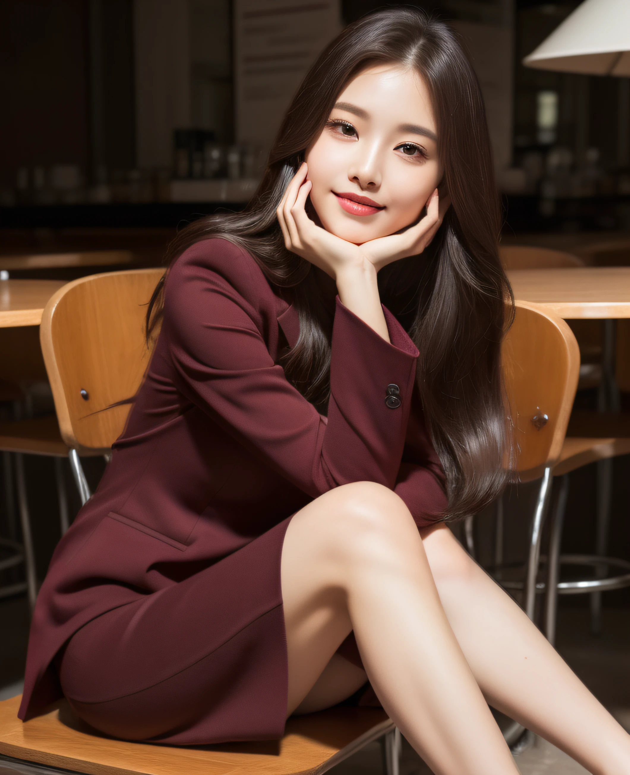 ((Top quality, 8K, Masterpiece: 1.3)), Beautiful girl, Pure, Melon face, Kind and cute, Sweet smile, Pure desire, Slender body, (Front), (Tilted head), ((Looking at camera) ), wearing a burgundy colored suit, black silky long hair, long flowing shoulders, round black big eyes, clear big eyes, moist red lips, sweet, sitting on a chair, cafe background ,(((full body shot))),