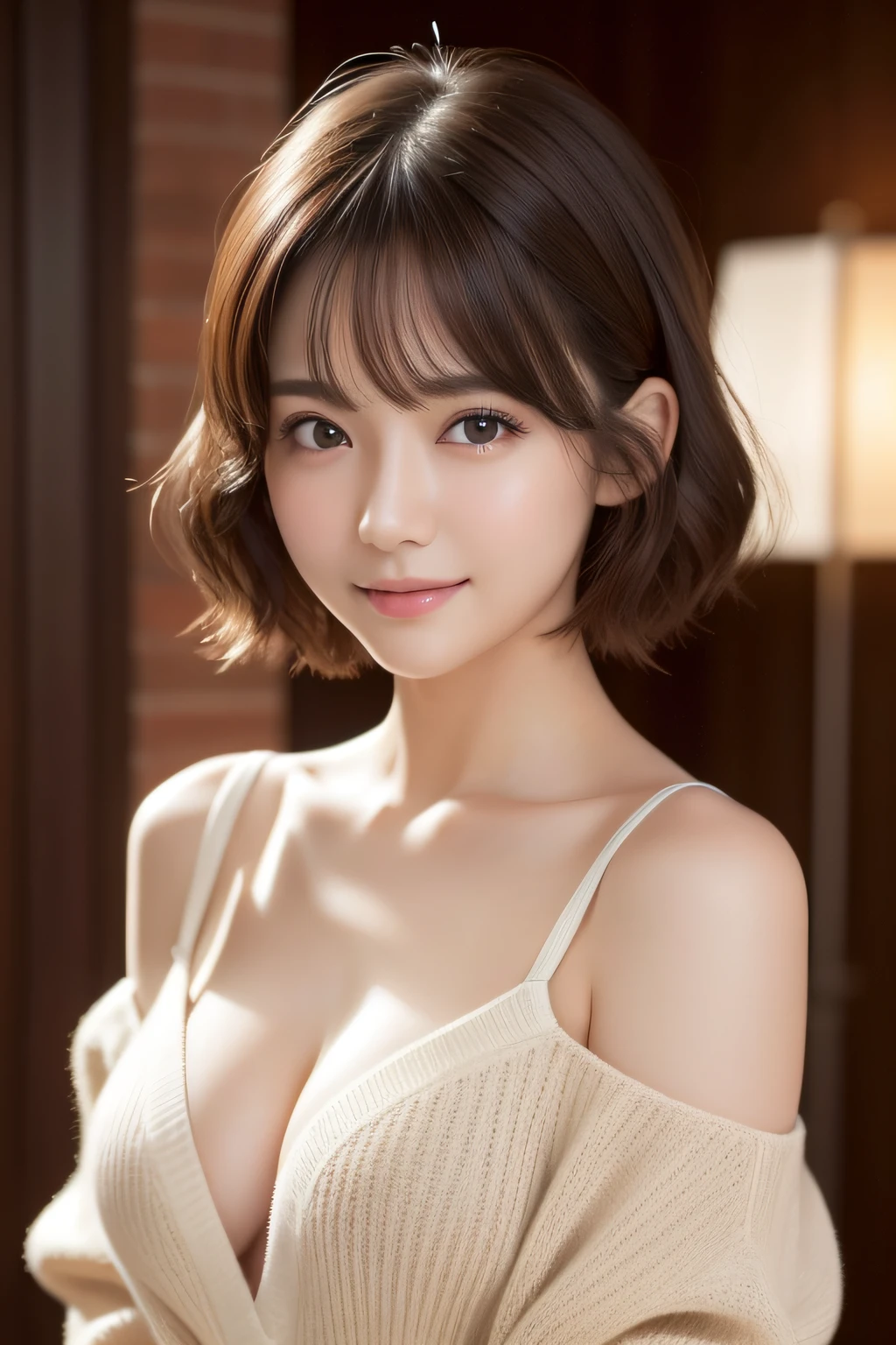 Mature woman 27 year old cute girl、Sweet girl、hposing Gravure Idol、A detailed face、Super detailed cute eyes、Realistic lips、Realistic and clean skin、Smile of embarrassment、flushed cheeks、ultra-short hair、Wavy brown short-cut hair、(((small tits)))、(Off-the-shoulder sweaters)、masterpiece、top-quality、超A high resolution、(Photorealsitic:1.4)、beautiful lighting、Raw photography、8K UHD、Lighting the face、