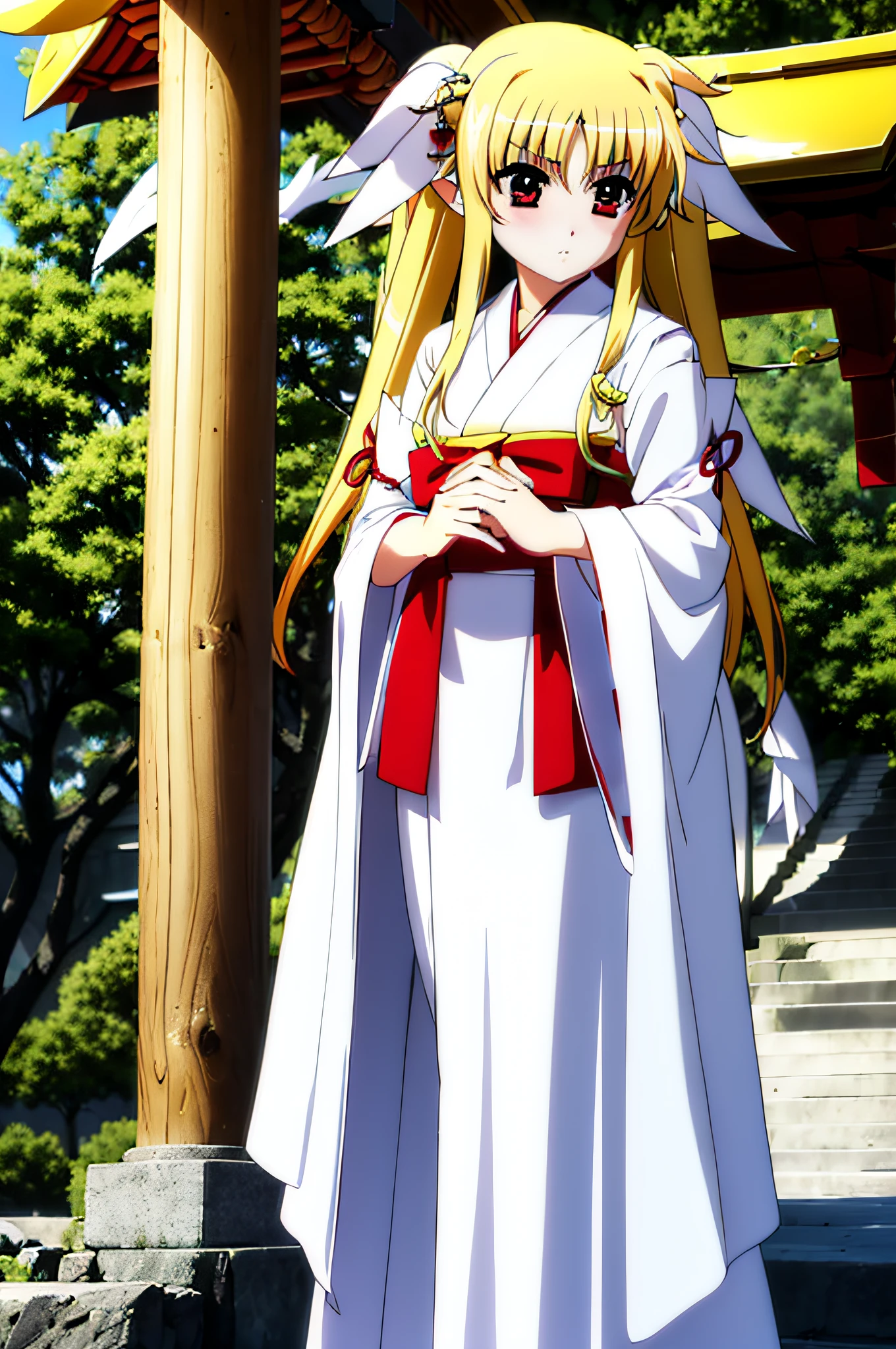 Life activities, 1girl in, ((shrines:1.5)), ((strong breeze)),(masutepiece:1.2), Best Quality,Best Beautiful Girl, High resolution, Unity 8k壁纸, (Illustration:0.8), Perfect Lighting, extremely details CG, (Perfect hands, Perfect Anatomy),model poses,Eyes open,(masutepiece:1.2), Best Quality, Fate Testarossa, 1girl in, a blond,Long hair, Twin-tailed, a black ribbon,((shrine maiden clothe:1.5)), Park, High resolution, Unity 8k壁纸, (Illustration:0.8), extra detailed face, Perfect Lighting, extremely details CG, (Perfect hands, Perfect Anatomy),masutepiece, Best Quality,Cowboy Shot,red blush,((9 Talents:1.5))、tiny girl,tiny chest,Embarrassed look,serving,