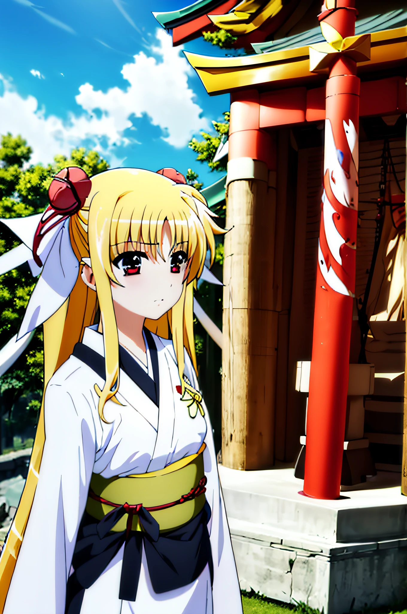 Life activities, 1girl in, ((shrines:1.5)), ((strong breeze)),(masutepiece:1.2), Best Quality,Best Beautiful Girl, High resolution, Unity 8k壁纸, (Illustration:0.8), Perfect Lighting, extremely details CG, (Perfect hands, Perfect Anatomy),model poses,Eyes open,(masutepiece:1.2), Best Quality, Fate Testarossa, 1girl in, a blond,Long hair, Twin-tailed, a black ribbon,((shrine maiden clothe:1.5)), Park, High resolution, Unity 8k壁纸, (Illustration:0.8), extra detailed face, Perfect Lighting, extremely details CG, (Perfect hands, Perfect Anatomy),masutepiece, Best Quality,Cowboy Shot,red blush,((9 Talents:1.5))、tiny girl,tiny chest,Embarrassed look,serving,