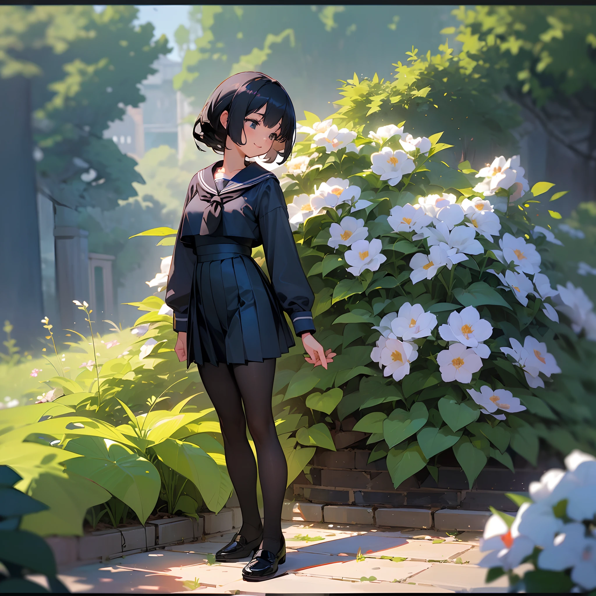 (Best Quality, hight resolution, Ultra-detailed, Realistic:1.37), peaceful ambiance, (plein air, garden), Teenage girl standing alone, Beautiful detailed features, Cute smile, ((Black bob hair)), ((Bigchest)),Navy blue sailor suit, Pleated skirt,Black pantyhose,Leather shoes.