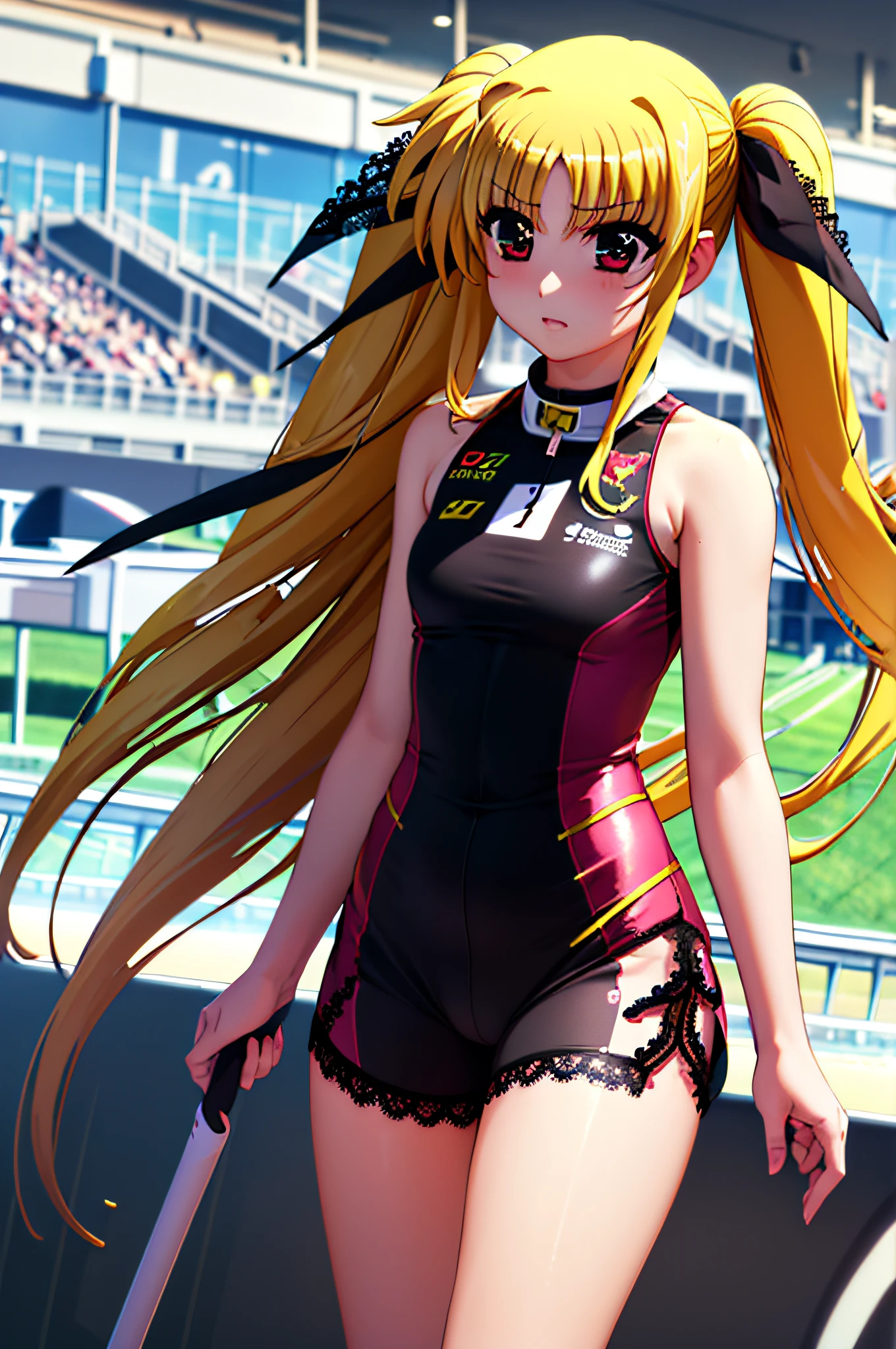 Life activities, 1girl in, ((Racetrack:1.5)), ((strong breeze)),(masutepiece:1.2), Best Quality,Best Beautiful Girl, High resolution, Unity 8k壁纸, (Illustration:0.8), Perfect Lighting, extremely details CG, (Perfect hands, Perfect Anatomy),model poses,Eyes open,(masutepiece:1.2), Best Quality, Fate Testarossa, 1girl in, a blond,Long hair, Twin-tailed, a black ribbon,((Lace queen figure:1.5)), Park, High resolution, Unity 8k壁纸, (Illustration:0.8), extra detailed face, Perfect Lighting, extremely details CG, (Perfect hands, Perfect Anatomy),masutepiece, Best Quality,Cowboy Shot,red blush,((9 Talents:1.5))、tiny girl,tiny chest,Embarrassed look,serving,