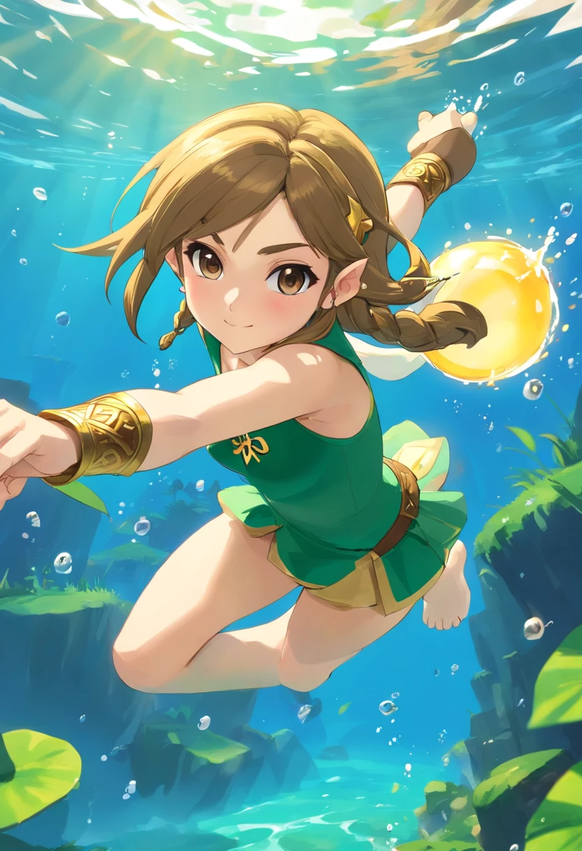 foreshortening,  profundidade de campo, master part, best quality, 1girl, brown hair, olhos castanhos,  Cabelos Longos, underwater, bolha de ar, sozinho, Olhando para o Viewer, school school swimsuit, swimming,  luz solar fraca,