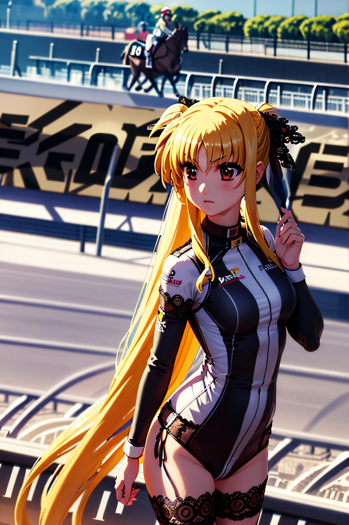 Life activities, 1girl in, ((Racetrack:1.5)), ((strong breeze)),(masutepiece:1.2), Best Quality,Best Beautiful Girl, High resolution, Unity 8k壁纸, (Illustration:0.8), Perfect Lighting, extremely details CG, (Perfect hands, Perfect Anatomy),model poses,Eyes open,(masutepiece:1.2), Best Quality, Fate Testarossa, 1girl in, a blond,Long hair, Twin-tailed, a black ribbon,((Lace queen figure:1.5)), Park, High resolution, Unity 8k壁纸, (Illustration:0.8), extra detailed face, Perfect Lighting, extremely details CG, (Perfect hands, Perfect Anatomy),masutepiece, Best Quality,Cowboy Shot,red blush,((9 talents:1.5))、tiny girl,tiny chest,Embarrassed look,serving,