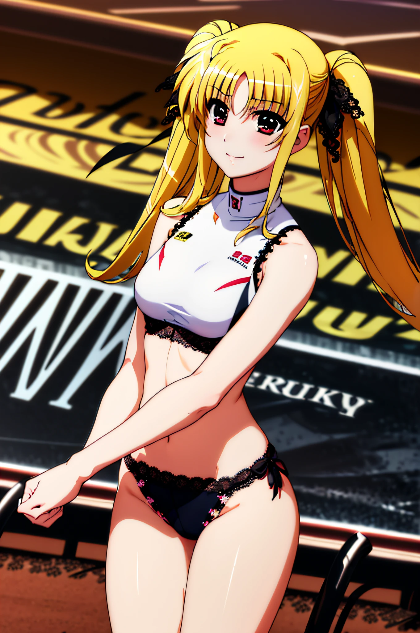 Life activities, 1girl in, ((Racetrack:1.5)), ((strong breeze)),(masutepiece:1.2), Best Quality,Best Beautiful Girl, High resolution, Unity 8k壁纸, (Illustration:0.8), Perfect Lighting, extremely details CG, (Perfect hands, Perfect Anatomy),model poses,Eyes open,(masutepiece:1.2), Best Quality, Fate Testarossa, 1girl in, a blond,Long hair, Twin-tailed, a black ribbon,((Lace queen figure:1.5)), Park, High resolution, Unity 8k壁纸, (Illustration:0.8), extra detailed face, Perfect Lighting, extremely details CG, (Perfect hands, Perfect Anatomy),masutepiece, Best Quality,Cowboy Shot,red blush,((9 Talents:1.5))、tiny girl,tiny chest,kindly smile,serving,