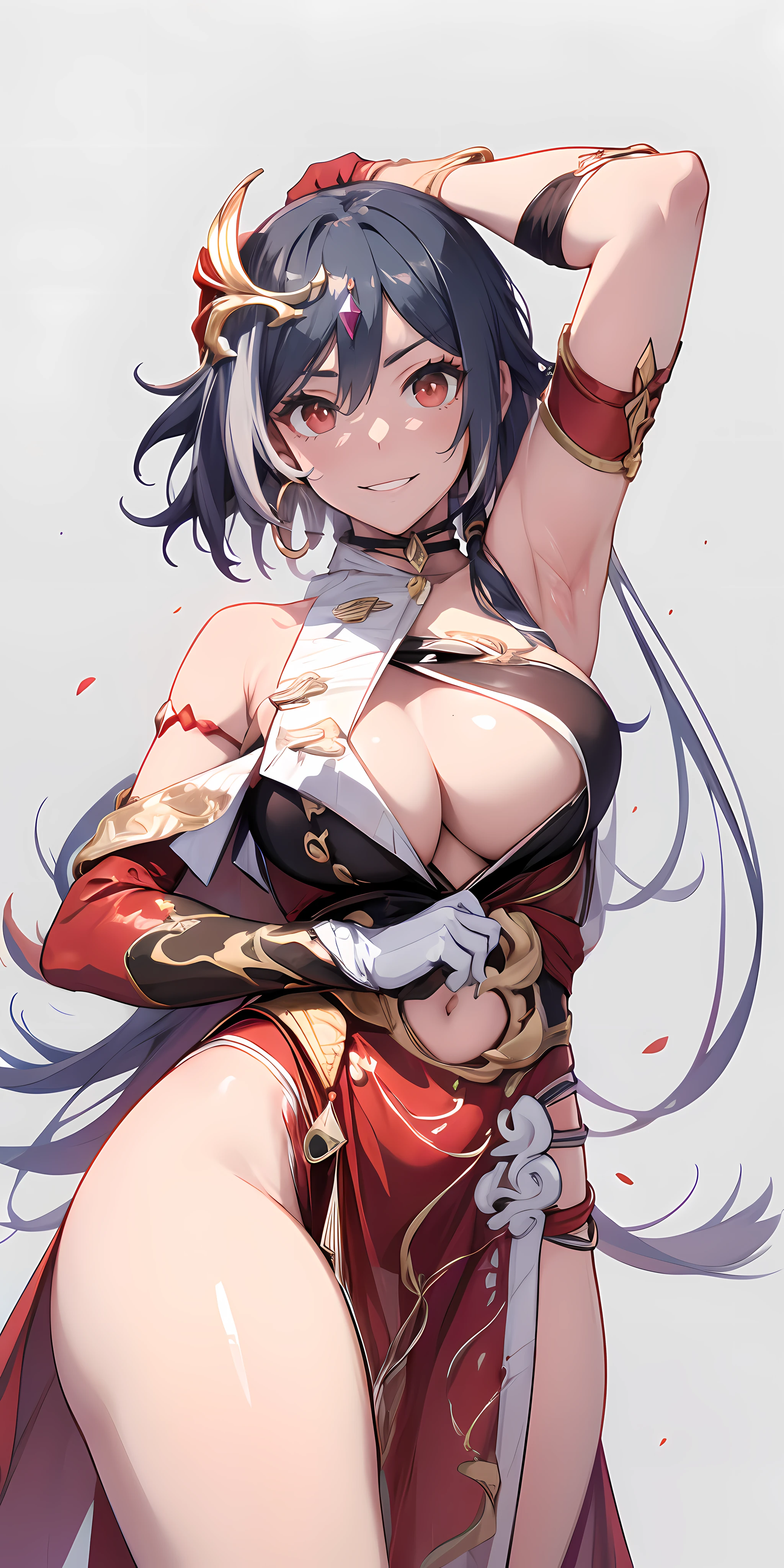 senti, silver hair, red eyes, hair ornament, multicolored hair, long_hair, gloves, breasts, 1girl, elbow_gloves, dress, navel, tail, mole, looking_at_viewer, jewelry, red_dress, bangs, black_hair, solo, large_breasts, mole_under_mouth, thighs, navel_cutout, earrings, red_gloves, chinese_clothes, china_dress, mole_under_eye, center_opening, bare_shoulders, arm_behind_head, shiny_skin, covered_nipples, revealing_clothes, lips, armpits, smile, huge_breasts, tied_hair, signature, hip_focus, shiny, rating:safe, underboob, parted_lips, blush, pelvic_curtain, simple_background, piercing