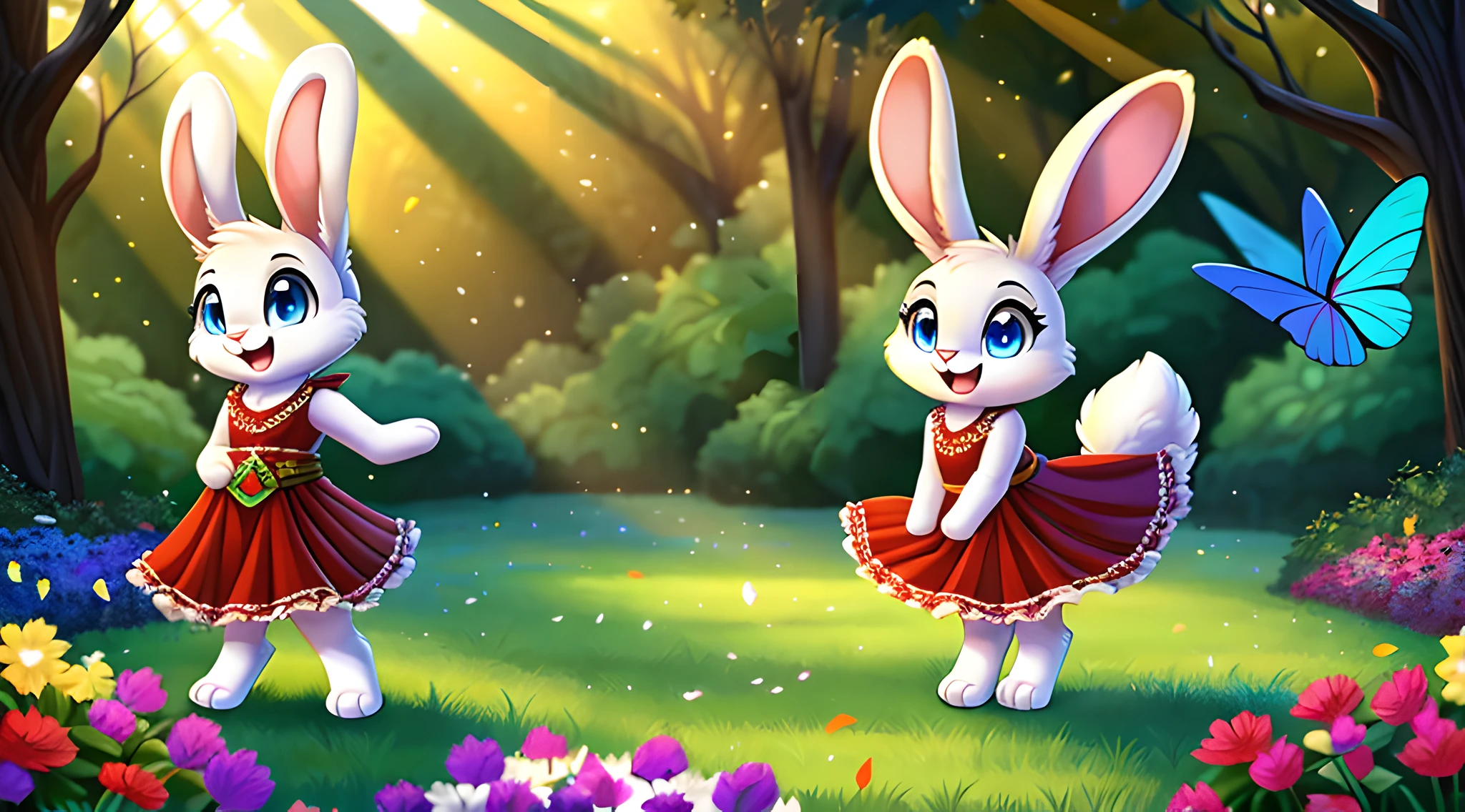 zoomed out image, fantasy style art, cute, adorable, short, tiny, little fluffy female white bunny with blue eyes, 2 extra ears, 4 ears, big floppy ears, long ears, ears perked up, raised ears, long eyelashes, poofy rabbit tail, smiling, standing on two hind feet, standing in a forest, wearing a red frilly dress, big expressive smile, open mouth, wide eyes, excited eyes, excited face, stunning visuals, sunlight coming through the trees, colorful flowers scattered in the bushes, colorful butterflies flying around, digital illustration