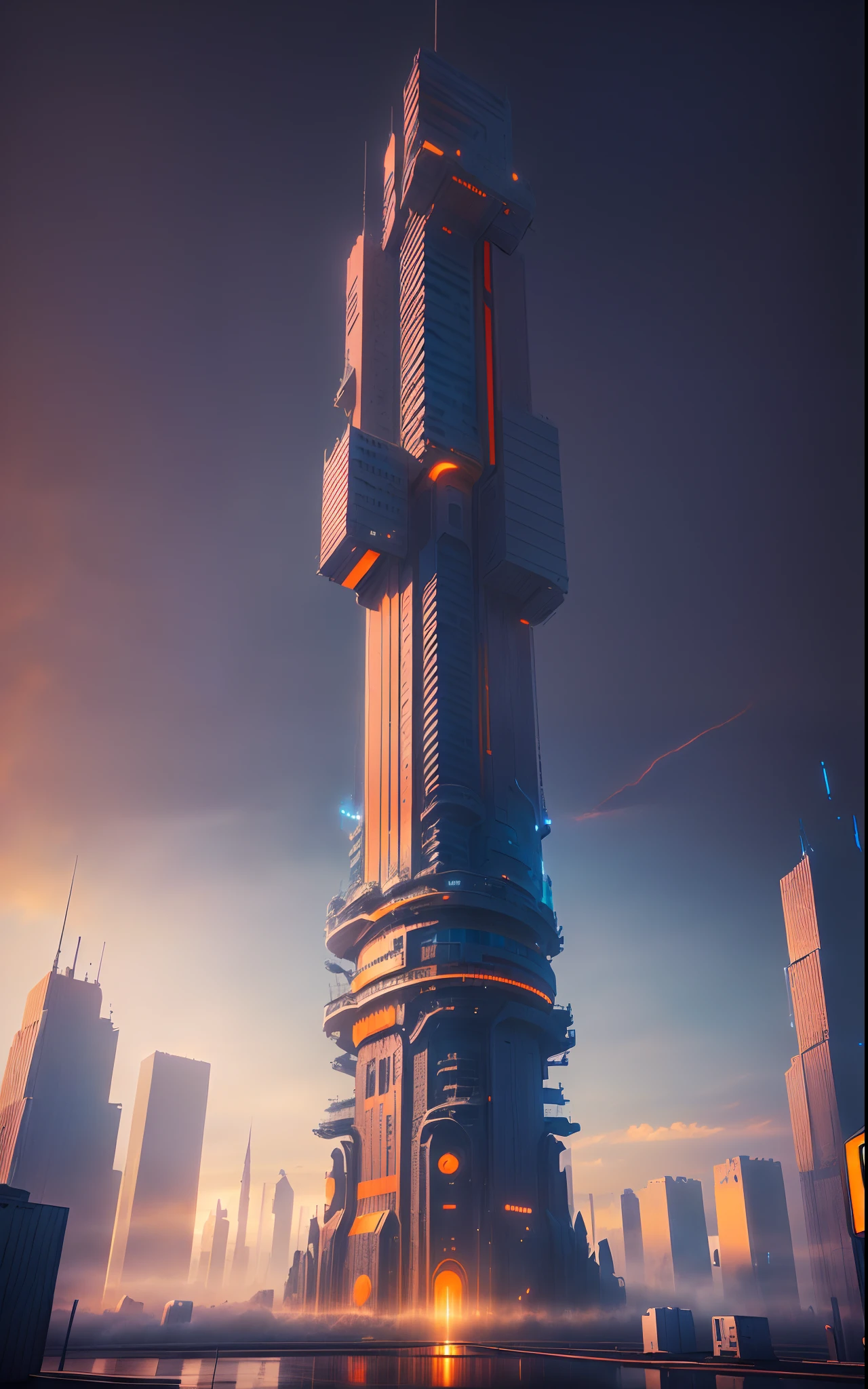 futuristic city with a tall tower and a train track, 3 d render beeple, arstation and beeple highly, inspired by Beeple, inspired by Mike "Beeple" Winkelmann, cinematic beeple, in style of beeple, artgem and beeple masterpiece, beeple rendering, (thunderous sky with blue and orange colours:1.3)