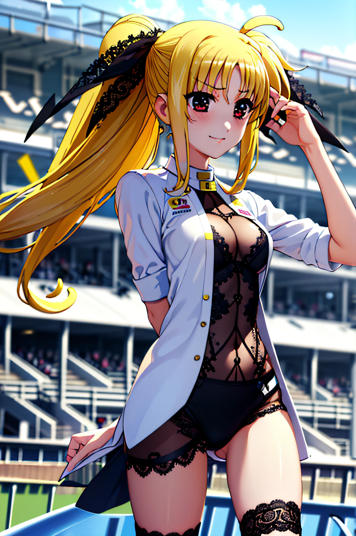 Life activities, 1girl in, ((Racetrack:1.5)), ((strong breeze)),(masutepiece:1.2), Best Quality,Best Beautiful Girl, High resolution, Unity 8k壁纸, (Illustration:0.8), Perfect Lighting, extremely details CG, (Perfect hands, Perfect Anatomy),model poses,Eyes open,(masutepiece:1.2), Best Quality, Fate Testarossa, 1girl in, a blond,Long hair, Twin-tailed, a black ribbon,((Lace queen figure:1.5)), Park, High resolution, Unity 8k壁纸, (Illustration:0.8), extra detailed face, Perfect Lighting, extremely details CG, (Perfect hands, Perfect Anatomy),masutepiece, Best Quality,Cowboy Shot,red blush,((9 Talents:1.5))、tiny girl,tiny chest,kindly smile,serving,