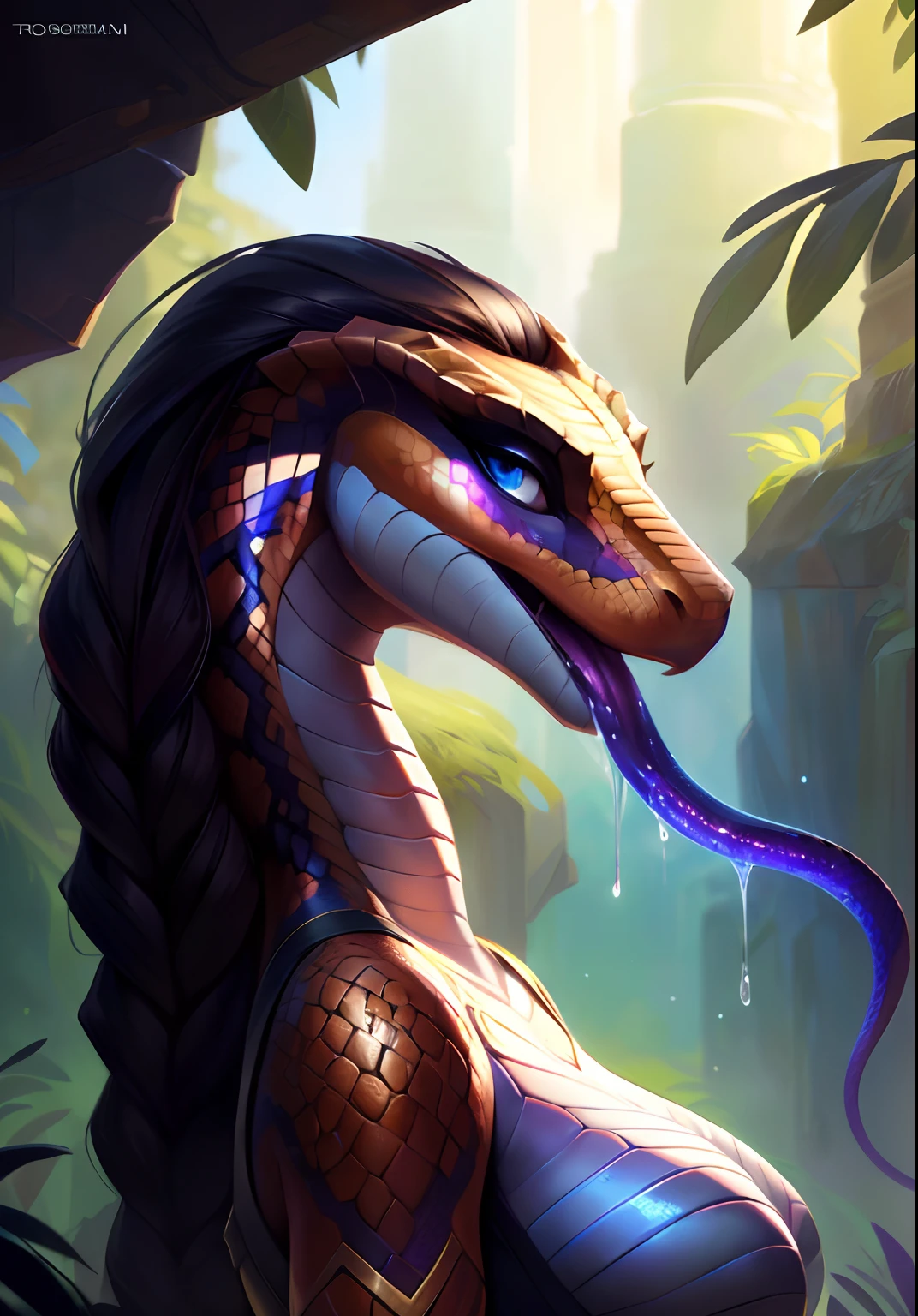 Uploaded on e621, by Pixelsketcher, by Bayard Wu, by Thomas Benjamin Kennington , by Einshelm, solo anthro, ((face portrait)), BREAK, very sweaty, ((mouth open, long reptile tongue out, saliva dripping)), (detailed Bonifasko lighting), (detailed scales), (detailed skin), (colorful snake, colorful snake, colorful snake), (extremely long neck), (her own arm holding her own head), BREAK, ((SFW)), ((long thick colorful tail)), ((braided black hair)), ((facing viewer)), (cinematic lighting), ((detailed background)), ((face portrait view)), (((face view))), (half body shadow), [backlighting], [crepuscular ray], [detailed ambient light], [gray natural lighting], [ambient light], (higher wildlife feral detail), [explict content], [sharp focus], (questionable content), (shaded), ((masterpiece), her own arms holding her own head, braided hair, medium scales breasts, [saliva dripping] breasts, furry colorful snake, snake face, furry Fantasy Art, furry Art, Commission for High Res, anthro Art, Art,Sakimichan beautiful, masterpiece, medium breasts, best quality, detailed image, bright colors, detailed face, perfect lighting, perfect shadows, perfect eyes, girl focus, snake eyes, flawless face, big breasts, extremely long neck, face focus, ((long thick colorful tail)) snake, snake girl, scales, scales woman, snake nose, large long muzzle, braided black hair, colorful scales, gaze at the viewer, half-closed eyes, 1girl, solo, (masterpiece), (best quality), (illustration), (cinematic lighting), long hair, detailed scales, balanced coloring, global illumination, ray tracing, good lighting, scales, anthro, showing breasts, cleavage, looking at viewer, seductive look, SFW