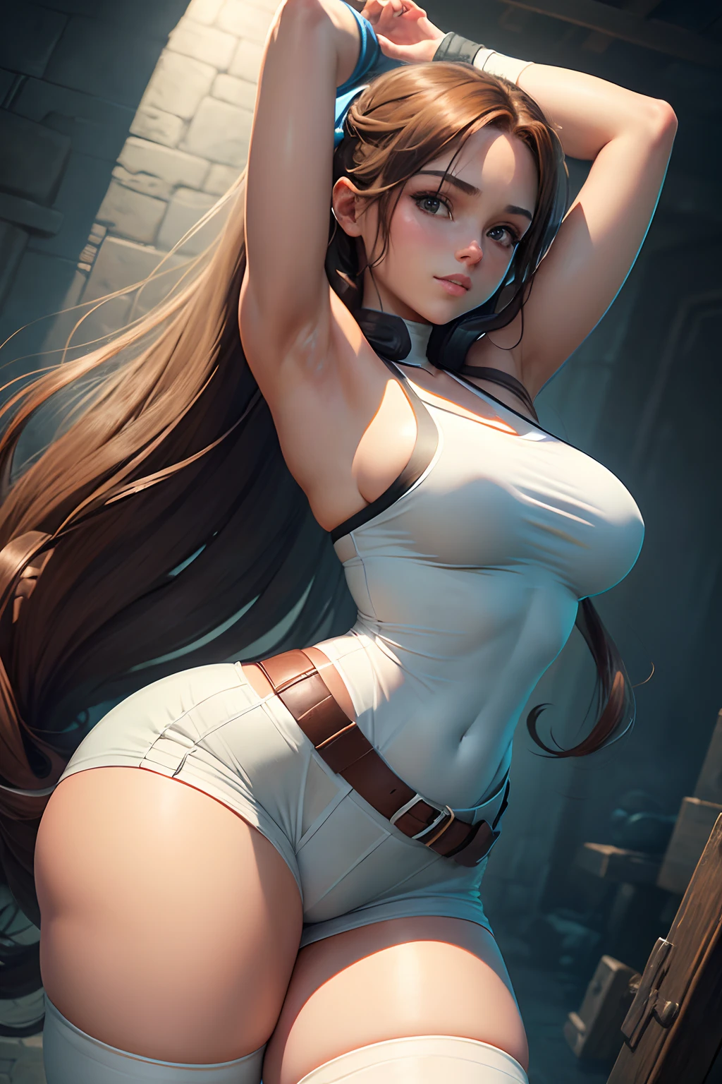 Obra maestra, best quality, lara_croft (tomb_rider) brown_long_hair_tail, 1girl, , white_light_skin, blue_eyes, (waifu_girl), armpit, big_legs, long_socks_thighs, shorts_dress, big_hips, ribbon_hair, stand, half_smile.