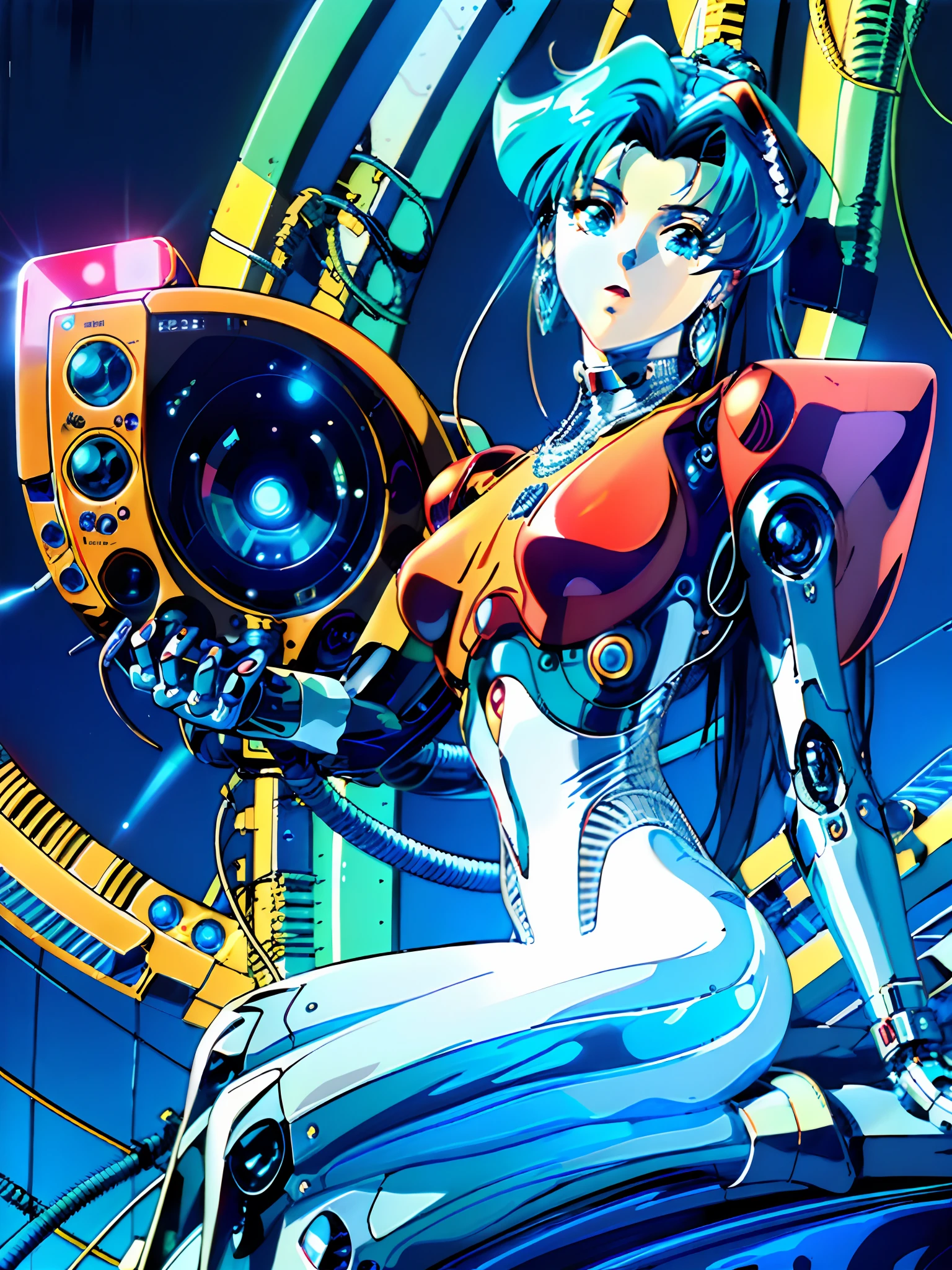 (elegant robotic) woman, (masterpiece), intricate details, retro, ((1999s anime)), ((best quality)), (bright colorful future city at night), (colorful cables) (cybernetic parts) iridescent [holographic metal body], red antenna accessory, iridescent metal, (diamond minimalist) jewelry, (red lips), laser, thin, extremely detailed, covered, dynamic pose