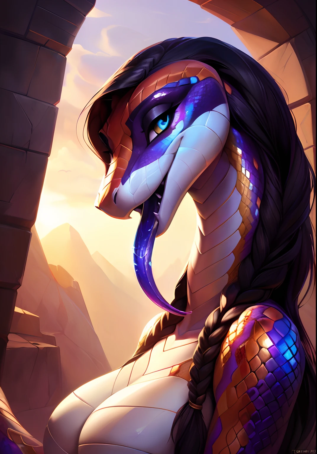 Uploaded on e621, by Pixelsketcher, by Bayard Wu, by Thomas Benjamin Kennington , by Einshelm, solo anthro, ((face portrait)), BREAK, very sweaty, ((mouth open, long reptile tongue out, saliva dripping)), (detailed Bonifasko lighting), (detailed scales), (detailed skin), (colorful snake, colorful snake, colorful snake), (extremely long neck), (her own arm holding her own head), BREAK, ((SFW)), ((long thick colorful tail)), ((braided black hair)), ((facing viewer)), (cinematic lighting), ((detailed background)), ((face portrait view)), (((face view))), (half body shadow), [backlighting], [crepuscular ray], [detailed ambient light], [gray natural lighting], [ambient light], (higher wildlife feral detail), [explict content], [sharp focus], (questionable content), (shaded), ((masterpiece), her own arms holding her own head, braided hair, medium scales breasts, [saliva dripping] breasts, furry colorful snake, snake face, furry Fantasy Art, furry Art, Commission for High Res, anthro Art, Art,Sakimichan beautiful, masterpiece, medium breasts, best quality, detailed image, bright colors, detailed face, perfect lighting, perfect shadows, perfect eyes, girl focus, snake eyes, flawless face, big breasts, extremely long neck, face focus, ((long thick colorful tail)) snake, snake girl, scales, scales woman, snake nose, large long muzzle, braided black hair, colorful scales, gaze at the viewer, half-closed eyes, 1girl, solo, (masterpiece), (best quality), (illustration), (cinematic lighting), long hair, detailed scales, balanced coloring, global illumination, ray tracing, good lighting, scales, anthro, showing breasts, cleavage, looking at viewer, seductive look, SFW