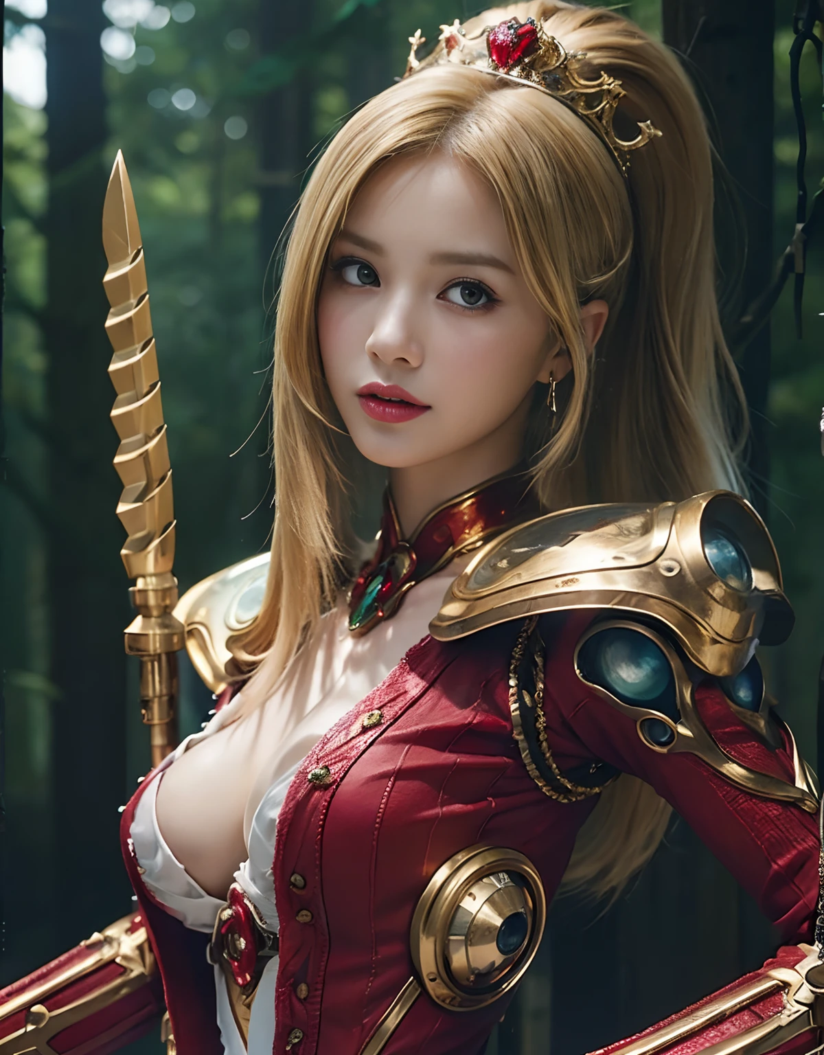 (1 Mechanical Girl)、top-quality、masterpiece、超A high resolution、(Wearing a crown made of jewels),(Photorealsitic:1.4)、Raw photo、女の子1人、Golden hair、glowy skin、(((1 Mechanical Girl)))、(Realistic dragon background)、(White Dragon Armor)、With a beautiful knife、(Blue Metal Bodysuit)、(beautiful forest background)、Precipitous cliffs、(Small LED)、((super realistic details))、portlate、globalillumination、Shadow、octan render、(One-Eyed Scouter)、With a laser knife、There are goblins、8K、ultrasharp、Colossal tits、Raw skin is exposed in cleavage、metals、Details of complex ornaments、Japan details、highly intricate detail、Realistic light、CGSoation Trends、Red Eyes、radiant eyes、Facing the camera、neon details、(Mechanical limbs)、(blood vessels connected to tubes)、Mechanical vertebrae attached to the back、mechanical cervical attaching to neck、(Wires and cables connecting to the head)、Gundam、Small LED、,Mechanical thighs、Toostock、(Hands are also made of machines)、
