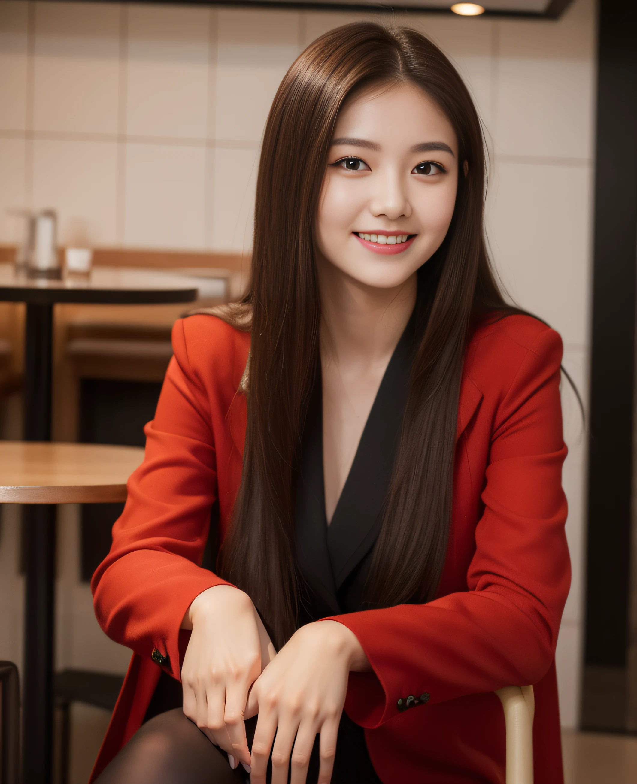 ((Top quality, 8K, Masterpiece: 1.3)), Beautiful girl, Pure, Melon face, Kind and cute, Sweet smile, Pure desire, Slender body, (Front), (Tilted head), ((Looking at camera) ), wearing a vermilion colored suit, black silky long hair, long flowing shoulders, round black big eyes, clear big eyes, moist red lips, sweet, sitting on a chair, cafe background ,(((full body shot))),