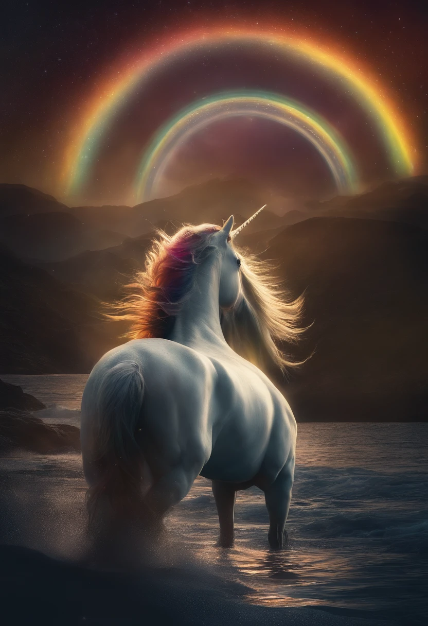 master part, Necessidade do Bem, 1 Homem, adulto, mulher madura, Tall-muscled man, tema escuro, magical array, Bolhas, rainbow light, underwater, espelho, Folhas de vidro flutuantes, rainbow light, Redemoinho de Bolhas, wind vortex, aurora, paisagem de fantasia, Luz das estrelas ao redor do personagem, (parte superior do corpo), Nu na parte superior do corpo, with a unicorn tattoo