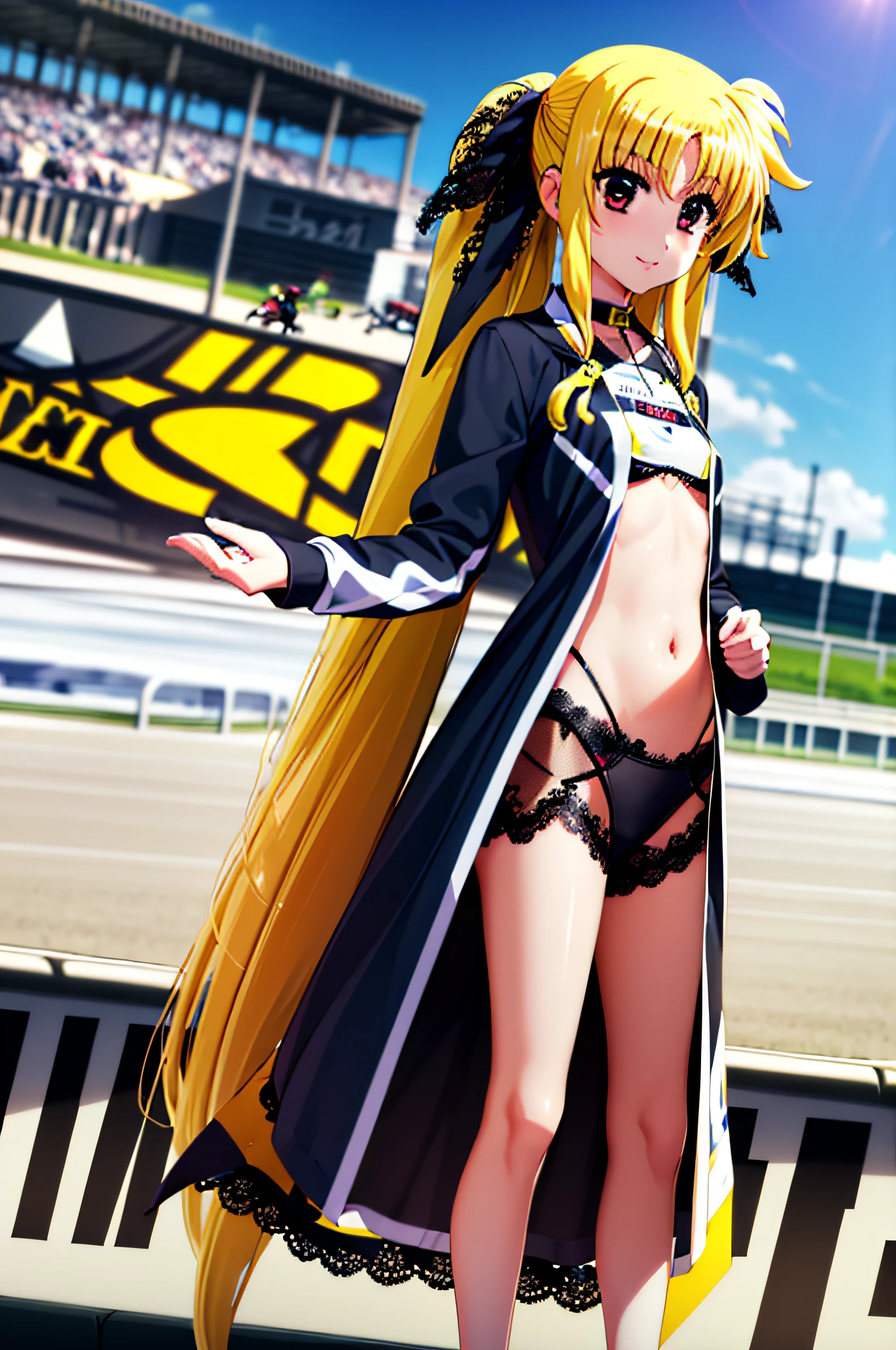 Life activities, 1girl in, ((Racetrack:1.5)), ((strong breeze)),(masutepiece:1.2), Best Quality,Best Beautiful Girl, High resolution, Unity 8k壁纸, (Illustration:0.8), Perfect Lighting, extremely details CG, (Perfect hands, Perfect Anatomy),model poses,Eyes open,(masutepiece:1.2), Best Quality, Fate Testarossa, 1girl in, a blond,Long hair, Twin-tailed, a black ribbon,((Lace queen figure:1.5)), Park, High resolution, Unity 8k壁纸, (Illustration:0.8), extra detailed face, Perfect Lighting, extremely details CG, (Perfect hands, Perfect Anatomy),masutepiece, Best Quality,Cowboy Shot,red blush,((9 most:1.5))、tiny girl,tiny chest,kindly smile、