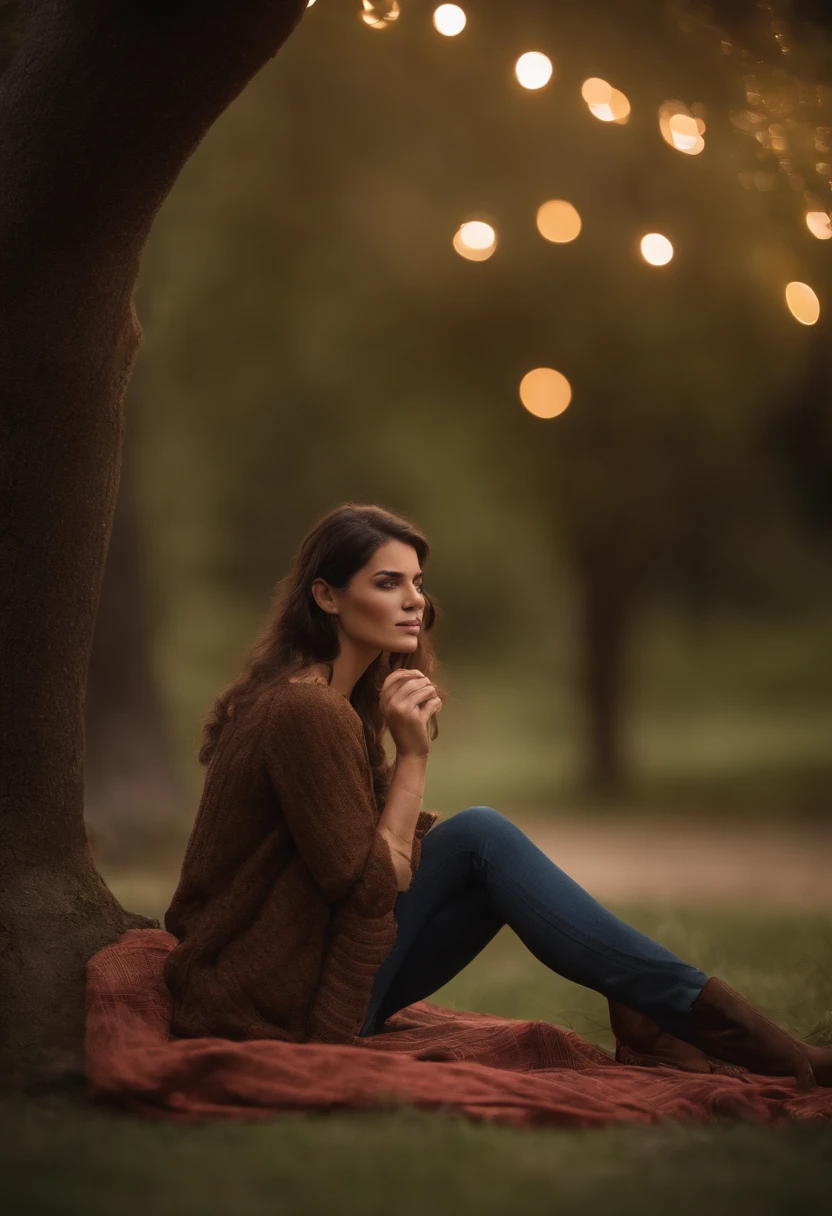 Young sits on the grass reading a book, long black curly hair, wearing glasses, delicate smile, bright brown eyes, looking up at the sky, lamp light, whole body, under a huge tree, farther view, a tent in the background, starry sky, illuminated night, photographic effect, 8k, super detailed, hyper realistic.