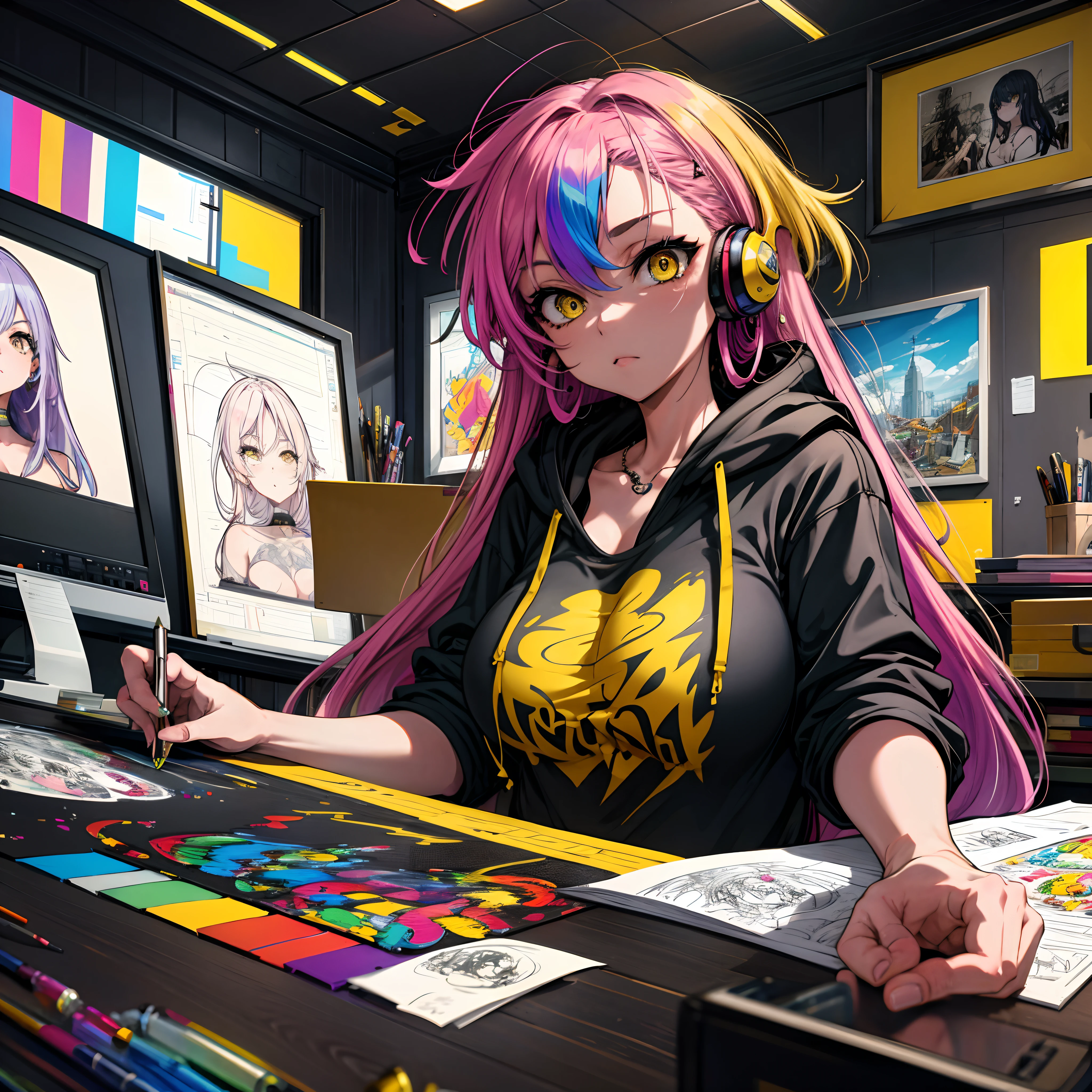 A beautiful and sexy artist girl, rainbow colored hair, yellow eyes, wearing headphones a hoodie graphic t-shirt and torn skinny jeans, huge gigantic tits, cleavage showing, tons of tattoos and piercings, sitting at her drafting table, drawing a pencil sketch of a highly detailed super hero in her sketch pad, in an art studio, highly detailed background, perfect masterpiece, high quality, high resolution