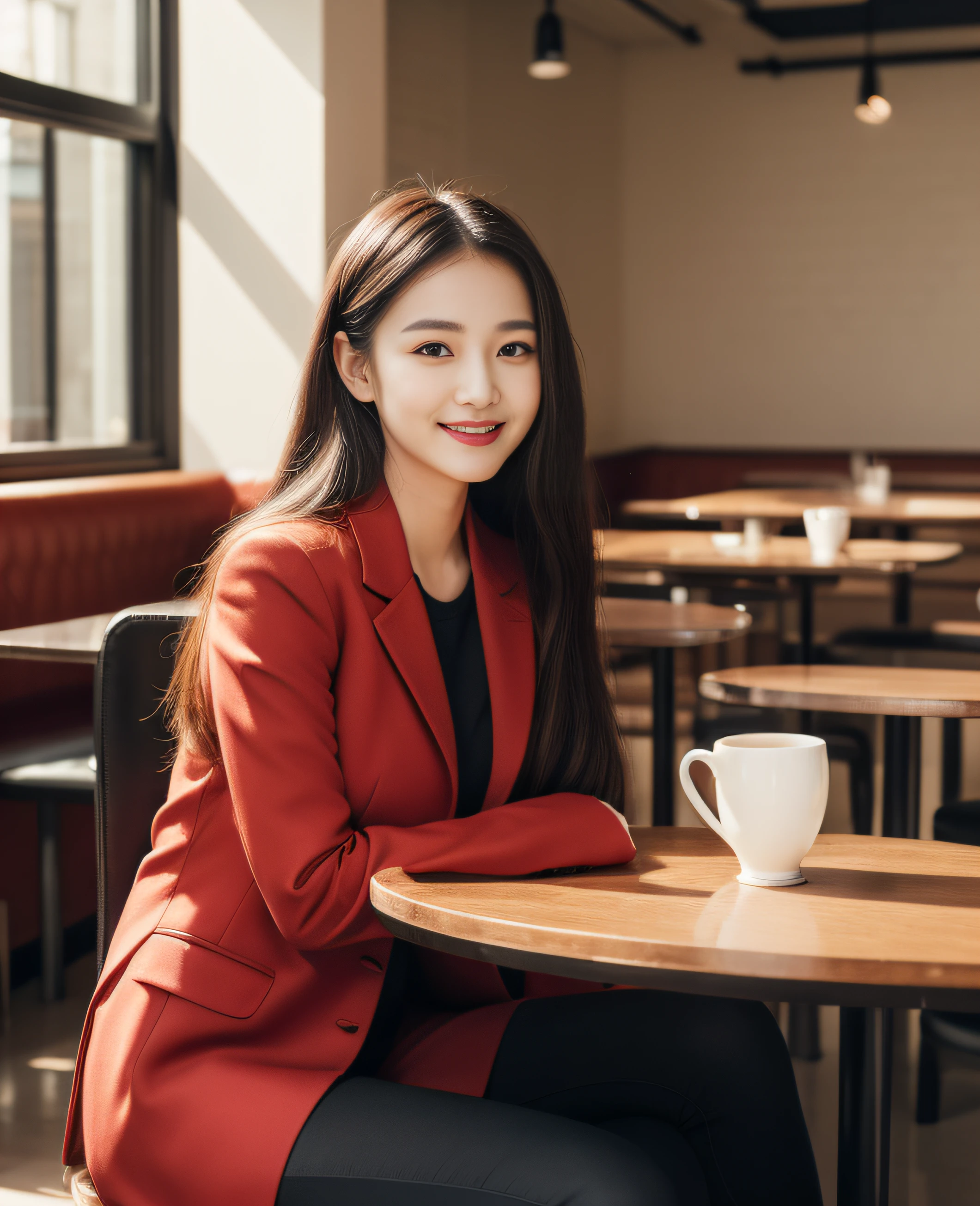 ((Top quality, 8K, Masterpiece: 1.3)), Beautiful girl, Pure, Melon face, Kind and cute, Sweet smile, Pure desire, Slender body, (Front), (Tilted head), ((Looking at camera) ), wearing a vermilion colored suit, black silky long hair, long flowing shoulders, round black big eyes, clear big eyes, moist red lips, sweet, sitting on a chair, cafe background ,(((full body shot))),