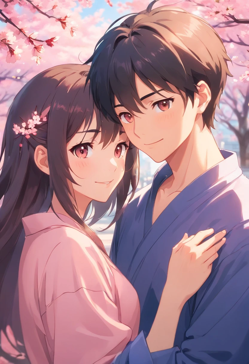 A young couple deeply in love, both with radiant smiles, capturing the essence of romance. Their faces are close, their expressions filled with joy and affection. Medium: Photography. Style: Inspired by the soft, dreamy aesthetics of Japanese shoujo manga illustrations. Lighting: Golden hour, casting a warm glow on their faces. Colors: Soft pastels with a dominant hue of pink and peach, reminiscent of cherry blossoms. Composition: Shot with a Canon EOS R5, RF 50mm f/1.2L USM lens, Resolution 45 megapixels, ISO sensitivity: 100, Shutter speed 1/200 second, with a shallow depth of field to blur the background and emphasize their faces. --ar 16:9 --v 5.1 --style raw --q 2 --s 750