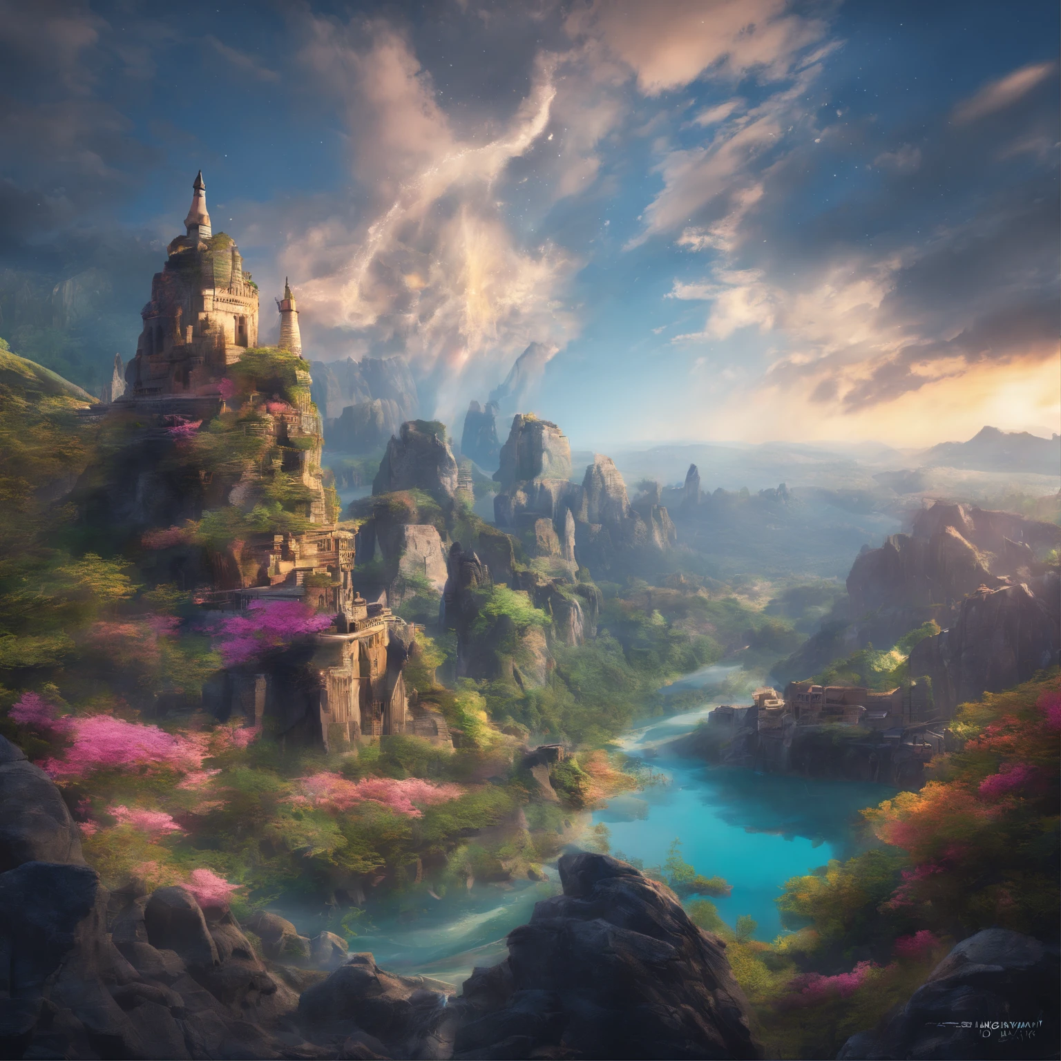 masterpiece, best quality, high quality, extremely detailed CG unity 8k wallpaper, scenery, outdoors, sky, cloud, day, no humans, mountain, landscape, water, tree, blue sky, waterfall, cliff, nature, lake, river, cloudy sky,award winning photography, Bokeh, Depth of Field, HDR, bloom, Chromatic Aberration ,Photorealistic,extremely detailed, trending on artstation, trending on CGsociety, Intricate, High Detail, dramatic, art by midjourney, angelina jolie, young, muslim, hijab, covered clothes, modesty