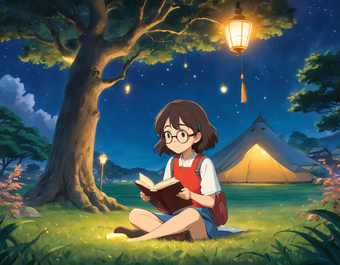 Young sits on the grass reading a book, long black curly hair, wearing glasses, delicate smile, bright brown eyes, looking up at the sky, lamp light, whole body, under a huge tree, farther view, a tent in the background, starry sky, illuminated night, photographic effect, 8k, super detailed, hyper realistic.