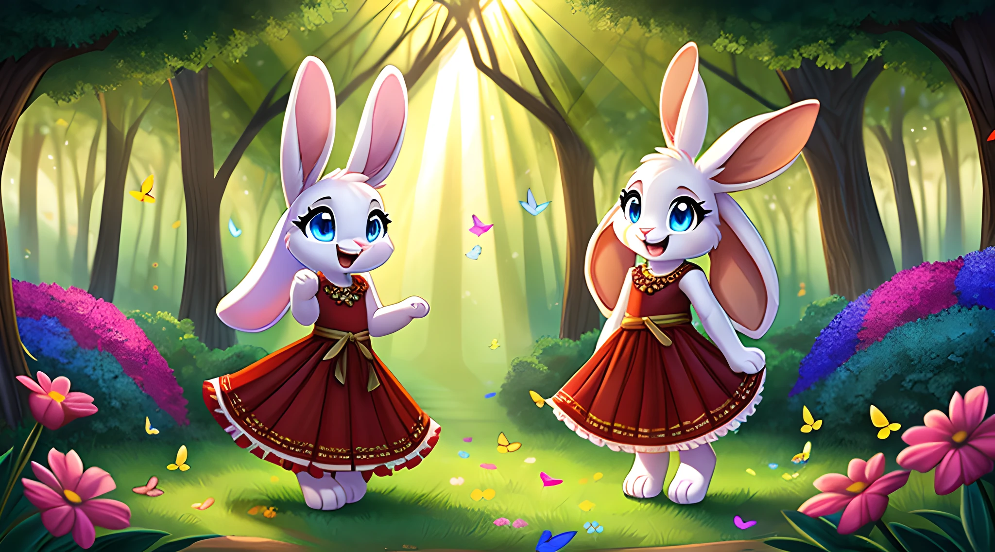 zoomed out image, fantasy style art, cute, adorable, short, tiny, little fluffy female white bunny with blue eyes, 2 extra ears, 4 ears, big floppy ears, long ears, ears perked up, raised ears, long eyelashes, poofy rabbit tail, smiling, standing on two hind feet, standing in a forest, wearing a red frilly dress, big expressive smile, open mouth, wide eyes, excited eyes, excited face, stunning visuals, sunlight coming through the trees, colorful flowers scattered in the bushes, colorful butterflies flying around, digital illustration