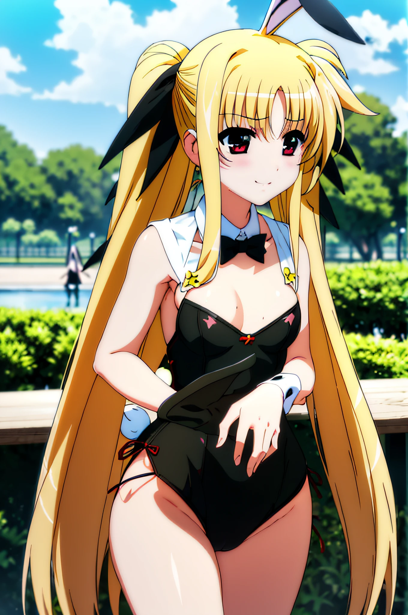 Life activities, 1girl in, ((a park:1.5)), ((strong breeze)),(masutepiece:1.2), Best Quality,Best Beautiful Girl, High resolution, Unity 8k壁纸, (Illustration:0.8), Perfect Lighting, extremely details CG, (Perfect hands, Perfect Anatomy),model poses,Eyes open,(masutepiece:1.2), Best Quality, Fate Testarossa, 1girl in, a blond,Long hair, Twin-tailed, a black ribbon,((Bunny Girl:1.5)), Park, High resolution, Unity 8k壁纸, (Illustration:0.8), extra detailed face, Perfect Lighting, extremely details CG, (Perfect hands, Perfect Anatomy),masutepiece, Best Quality,Cowboy Shot,red blush,((9 talents:1.5))、tiny girl,tiny chest,kindly smile、