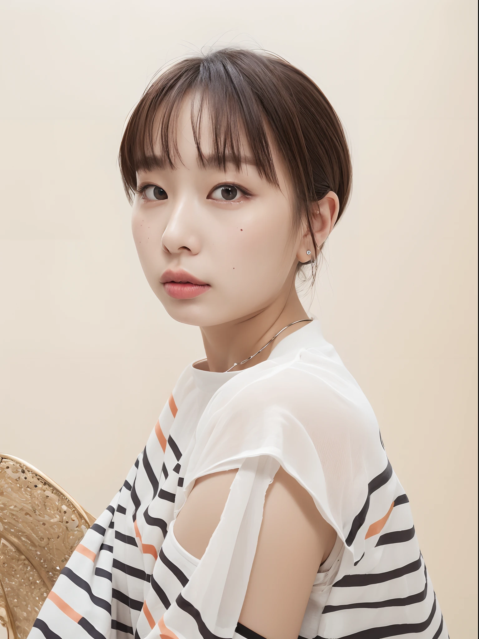 top-quality:1.3、​masterpiece、hight resolution、［1 girl in］、｛独奏｝、Raw photo、Real person、mascara, ,(Textured skin, Skin pores:1.1), (Imperfect skin:1.1) intricate detailes, face perfect,  ((Photorealsitic):1.1), (Unripe, 8K:1.2)、Detailed skin、japanes、catchlight、piercings、a necklace、white walls、White Room