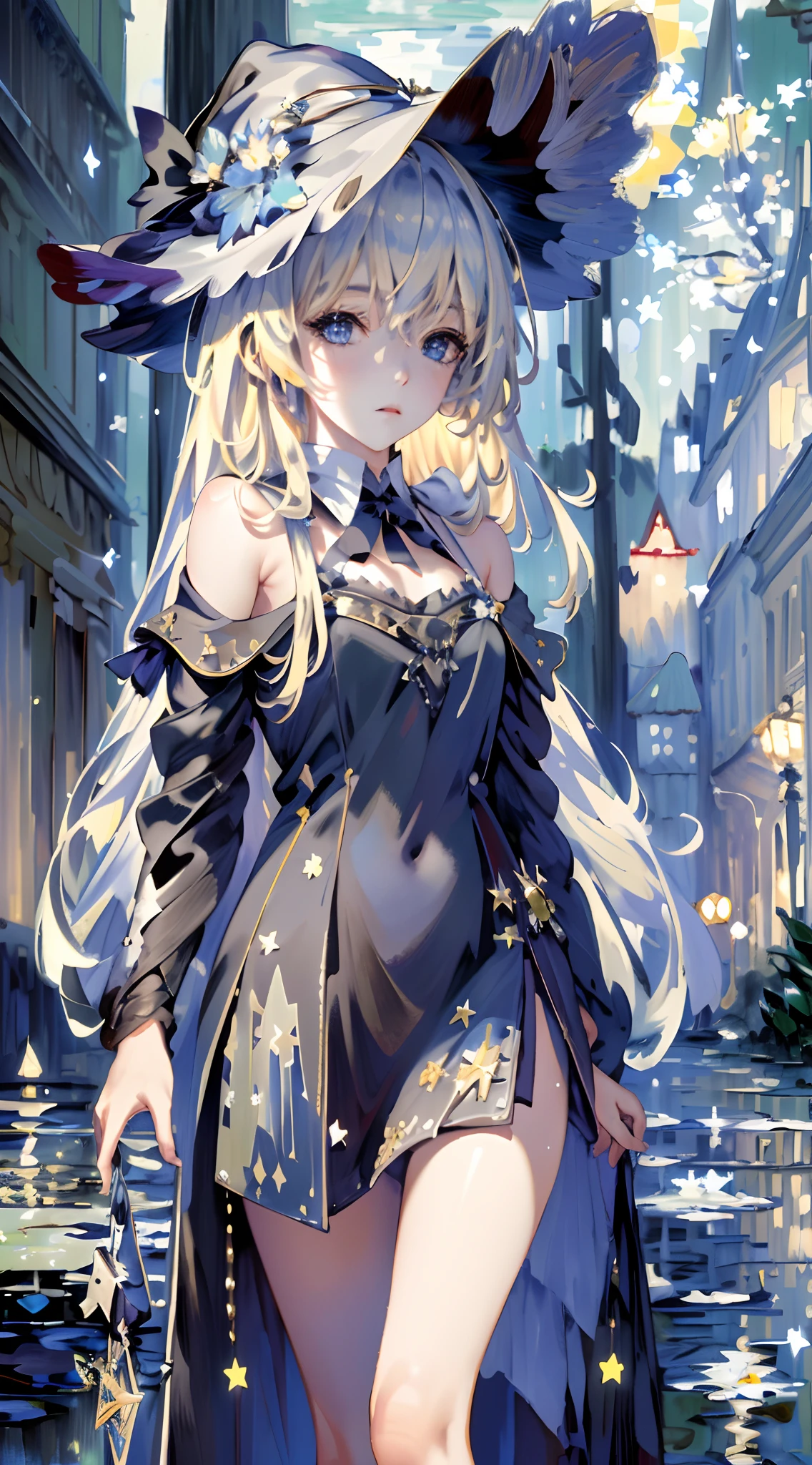 ((Masterpiece:1.2, Best quality)), 1girll, Solo, (Witch hat), Blonde hair, Long hair, dress, Bare shoulders，show legs，Open navel，aurora, Night, Star (sky), mitts, sky, White dress, Night sky, Starry sky, Blue eyes, ribbon, Night, (Impressionism:1.4), (tarot:1.3), Alphonse Mucha,