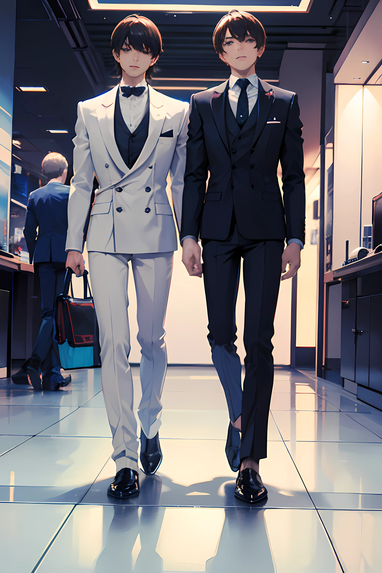 two men in love, wearing suits, inside sci-fi station, gundam