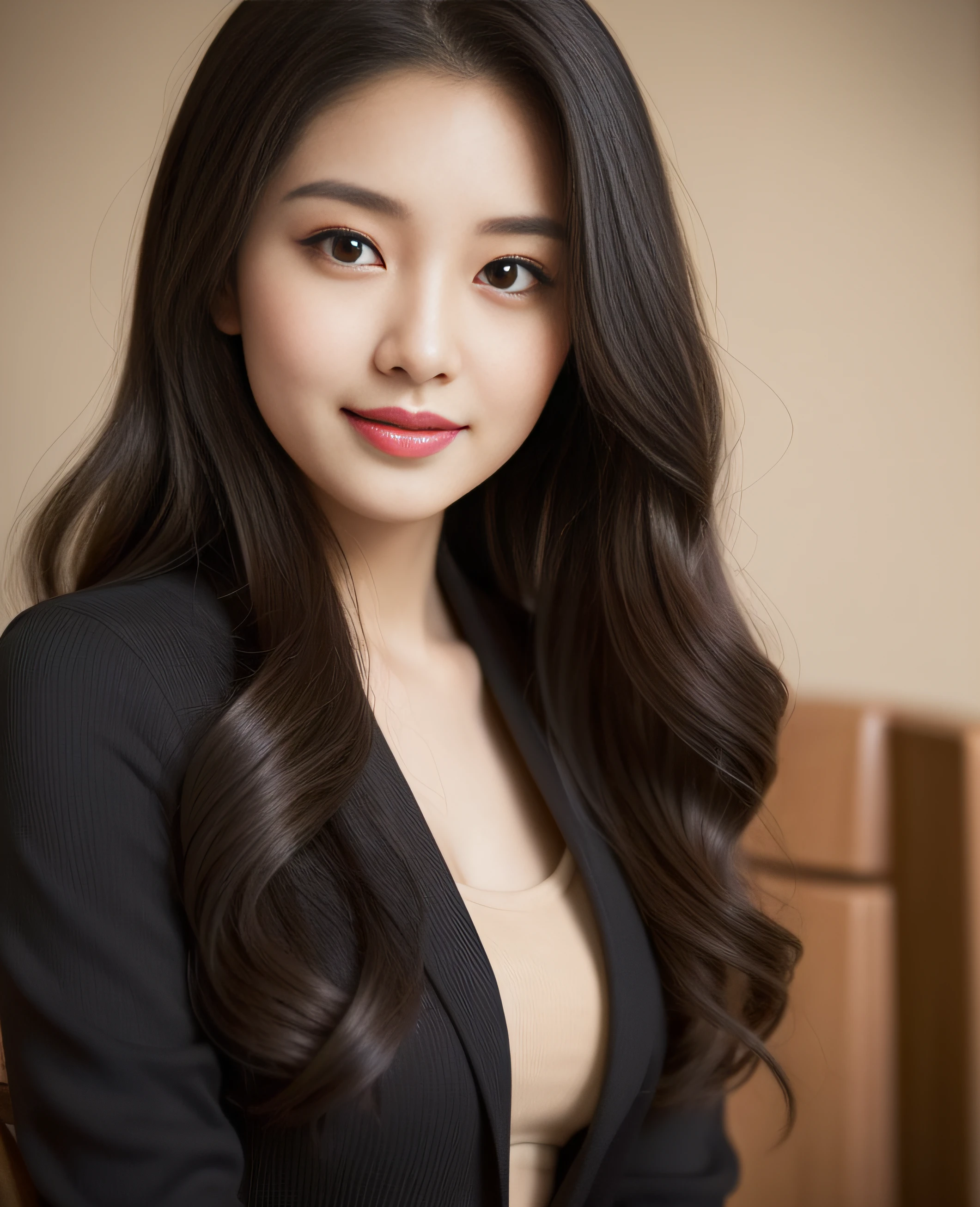 ((Top quality, 8K, Masterpiece: 1.3)), Beautiful girl, Pure, Melon face, Kind and cute, Sweet smile, Pure desire, Slender body, (Front), (Tilted head), ((Looking at camera) ), wearing a amber colored suit, black silky long hair, long flowing shoulders, round black big eyes, clear big eyes, moist red lips, sweet, sitting on a chair, cafe background ,(((waist shot))),,
