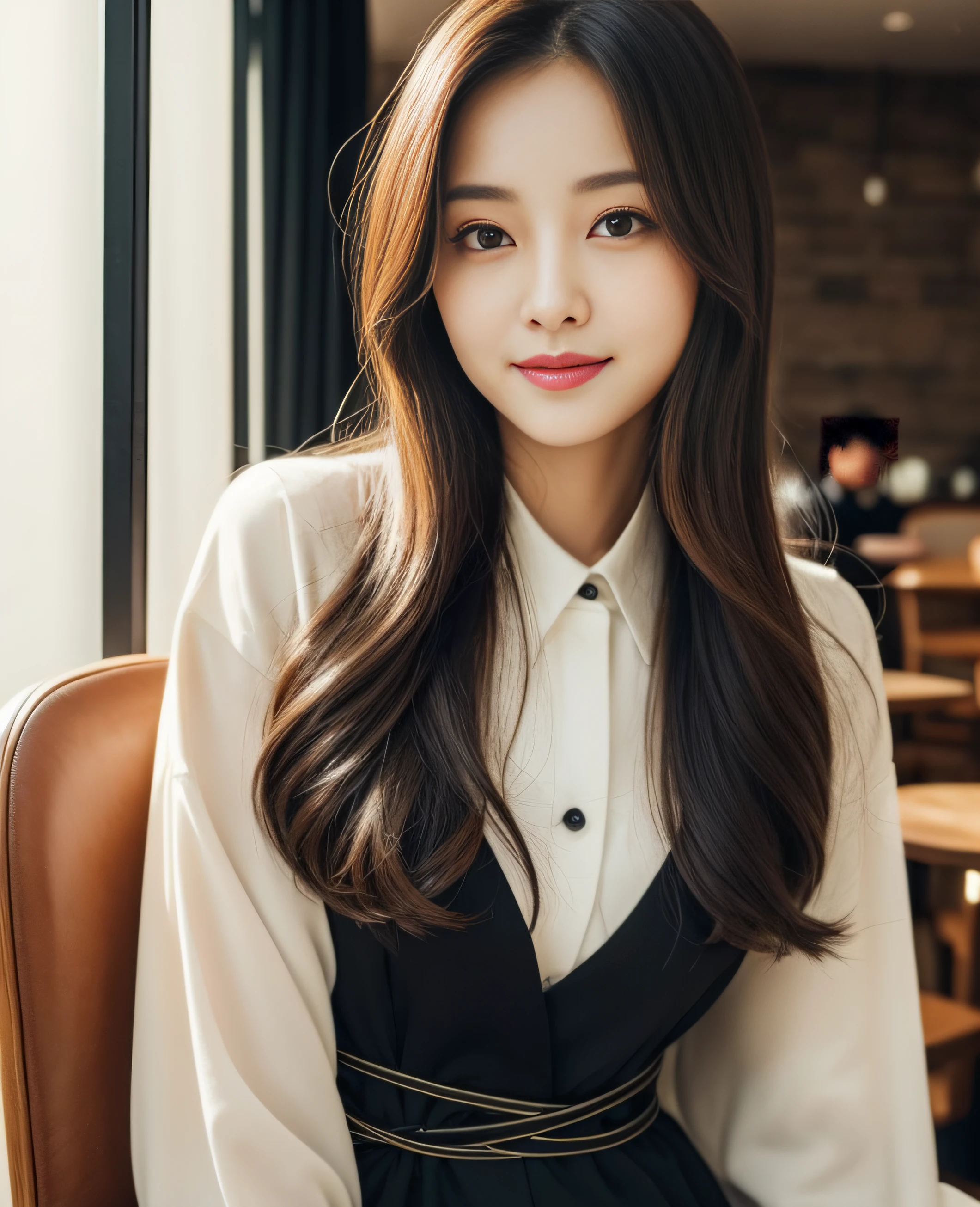 ((Top quality, 8K, Masterpiece: 1.3)), Beautiful girl, Pure, Melon face, Kind and cute, Sweet smile, Pure desire, Slender body, (Front), (Tilted head), ((Looking at camera) ), wearing a amber colored suit, black silky long hair, long flowing shoulders, round black big eyes, clear big eyes, moist red lips, sweet, sitting on a chair, cafe background ,(((waist shot))),,