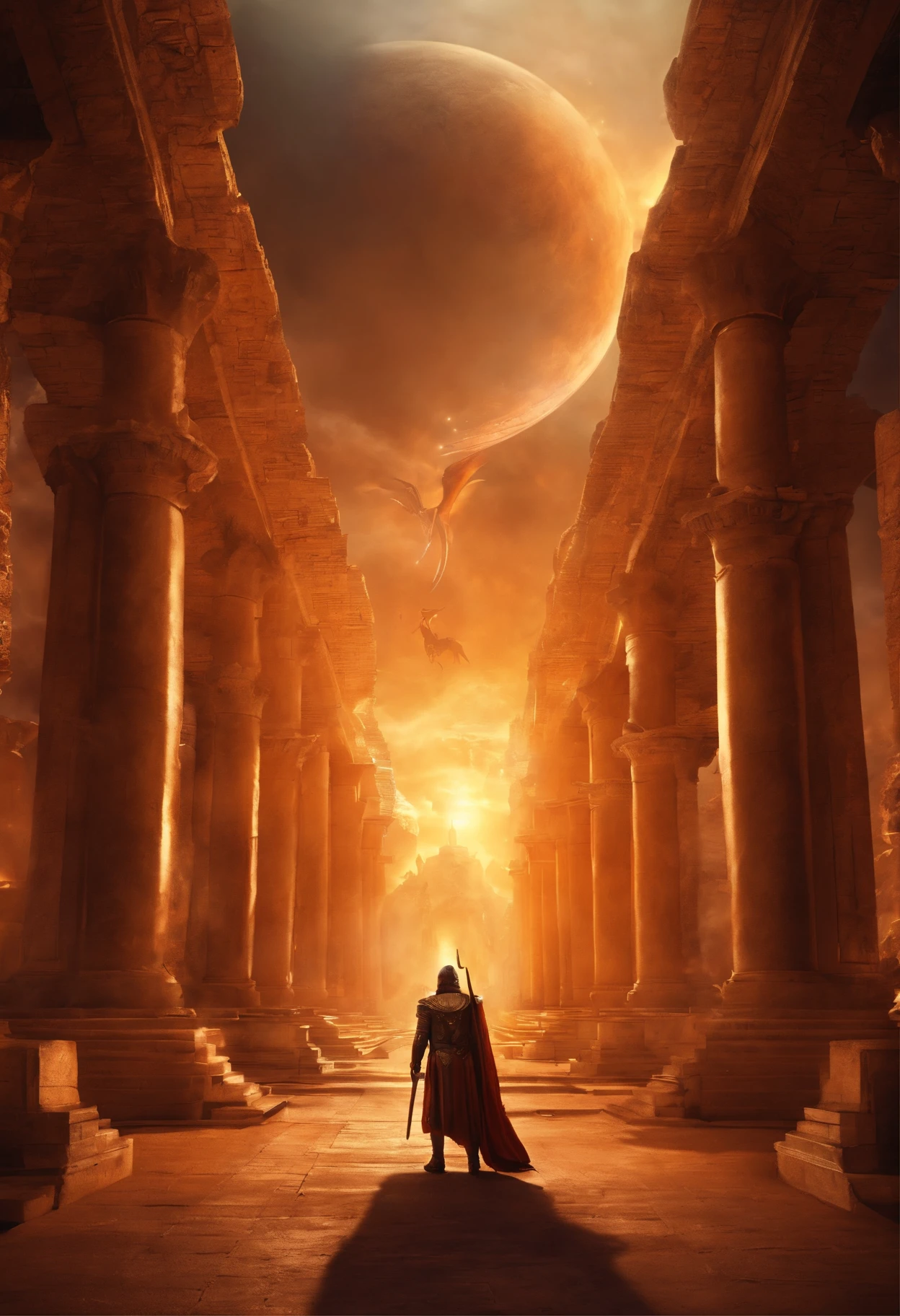 Future warrior , ancient greek city in behind, war , dragons flying , alien ships , masterpiece , color flames every ware , destiny of earth , high quality ,