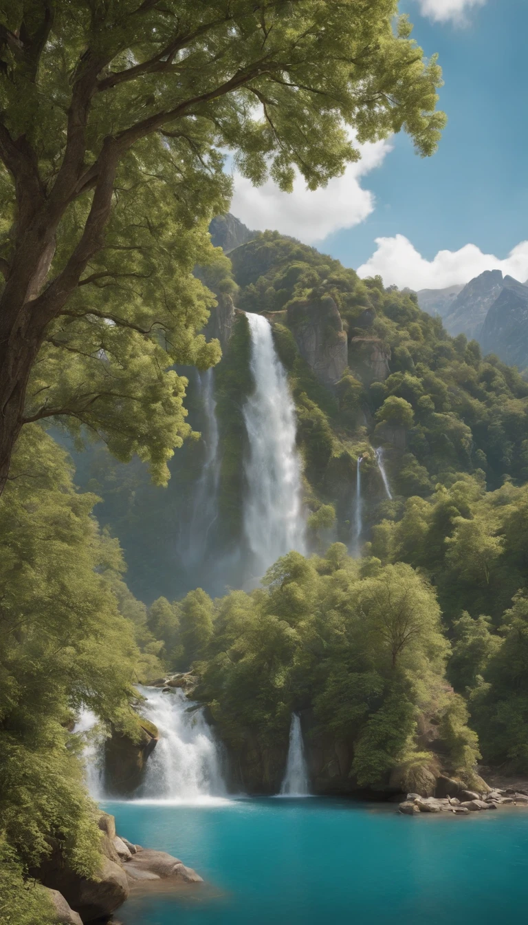 masterpiece, best quality, high quality, extremely detailed CG unity 8k wallpaper, scenery, outdoors, sky, cloud, day, no humans, mountain, landscape, water, tree, blue sky, waterfall, cliff, nature, lake, river, cloudy sky,award winning photography, Bokeh, Depth of Field, HDR, bloom, Chromatic Aberration ,Photorealistic,extremely detailed, trending on artstation, trending on CGsociety, Intricate, High Detail, dramatic, art by midjourney
