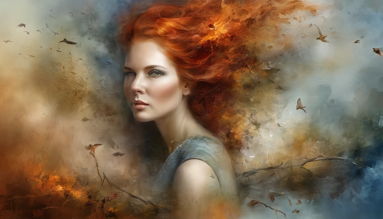 A close up of a woman with red hair and a blue dress - SeaArt AI