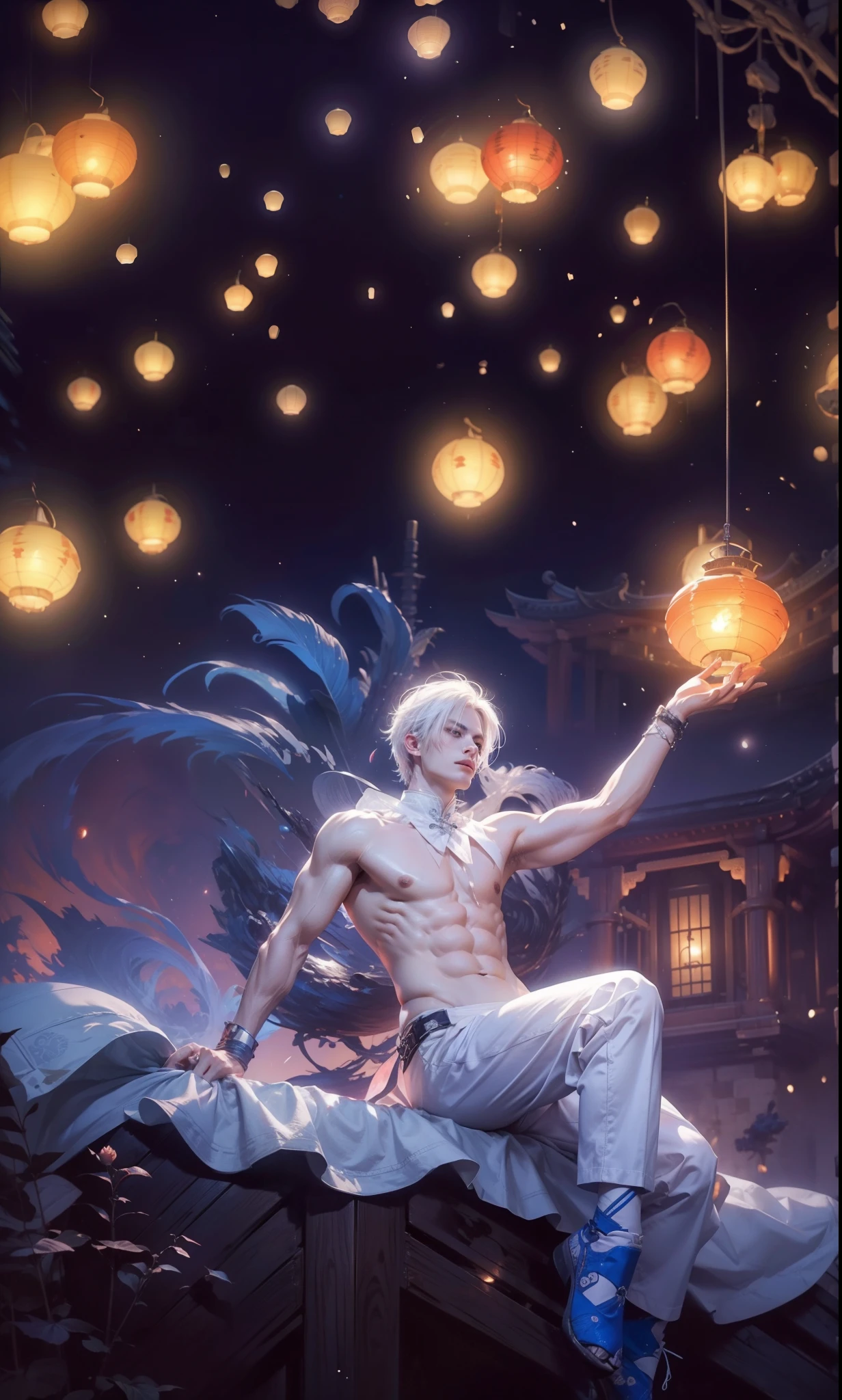 (max resolution: 1.2), (Ultra HDTV: 1.2), 8K resolution, Eye and skin details, face details, , (Sharp focus: 1.2), (Precise focus) face sharp face: 1.2), 1 Sitting boy, (Short hair), White hair, Shirtless, Exposed chest muscles, Six-pack abs, transparent white briefs, Flower lantern, Mid-Autumn Festival, calendar outfit Chinese white hair, (white hair), Starry sky, Full moon, Flying lanterns in the sky, Flying lanterns, Glowing lights