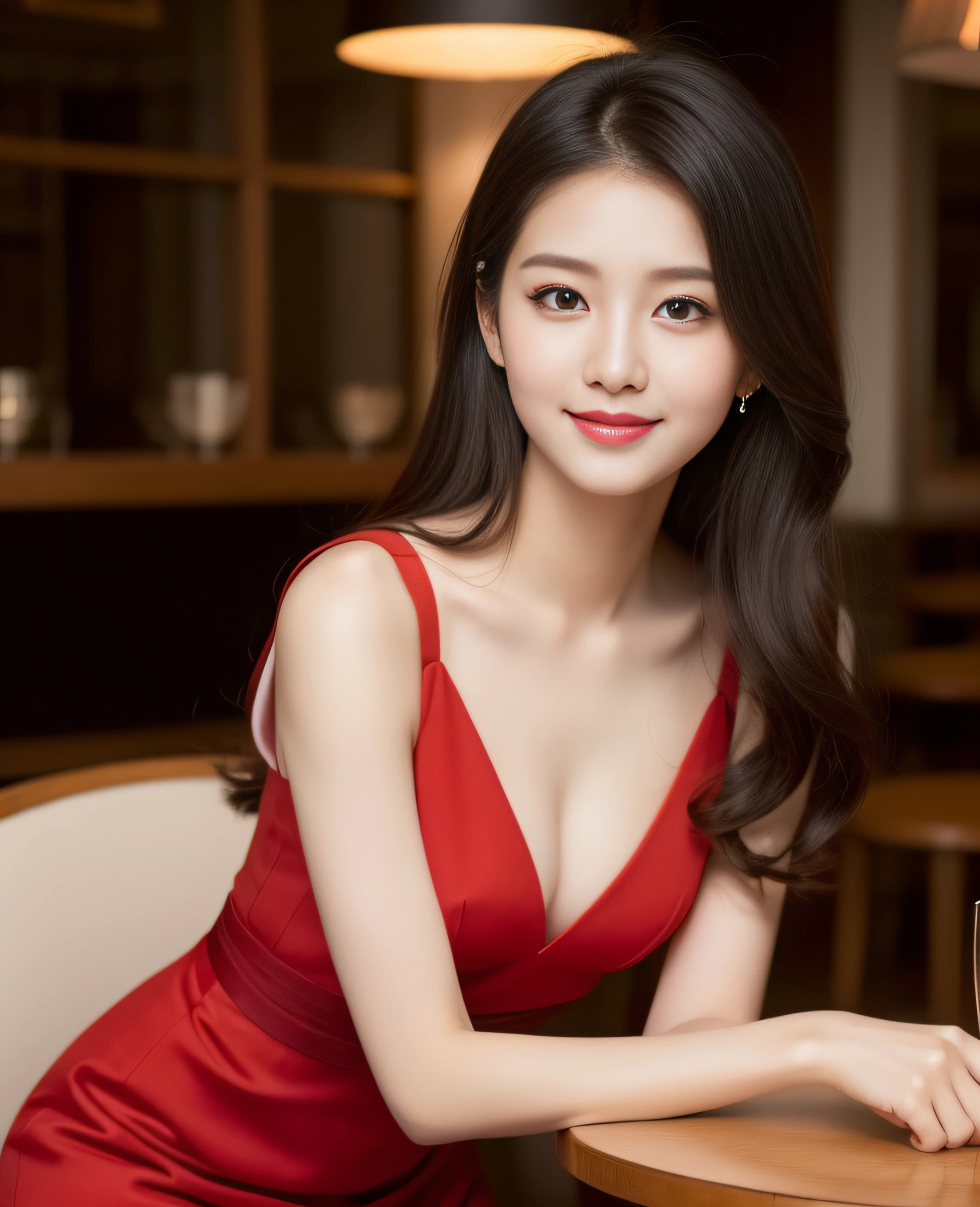 ((best quality, 8K, masterpiece: 1.3)), beautiful woman, pure, melon face, kind and cute, sweet smile, pure desire, slender body, (((Random body direction))), (tilted head), ((looking at camera)), pure desire, wearing a random color short dress, black silky long hair, long flowing shoulders, round black big eyes, clear big eyes, moist red lips, sweet, sitting in a lounge, Decorated with brightly cafe background, 28 years old, ((chest to head shot)),
