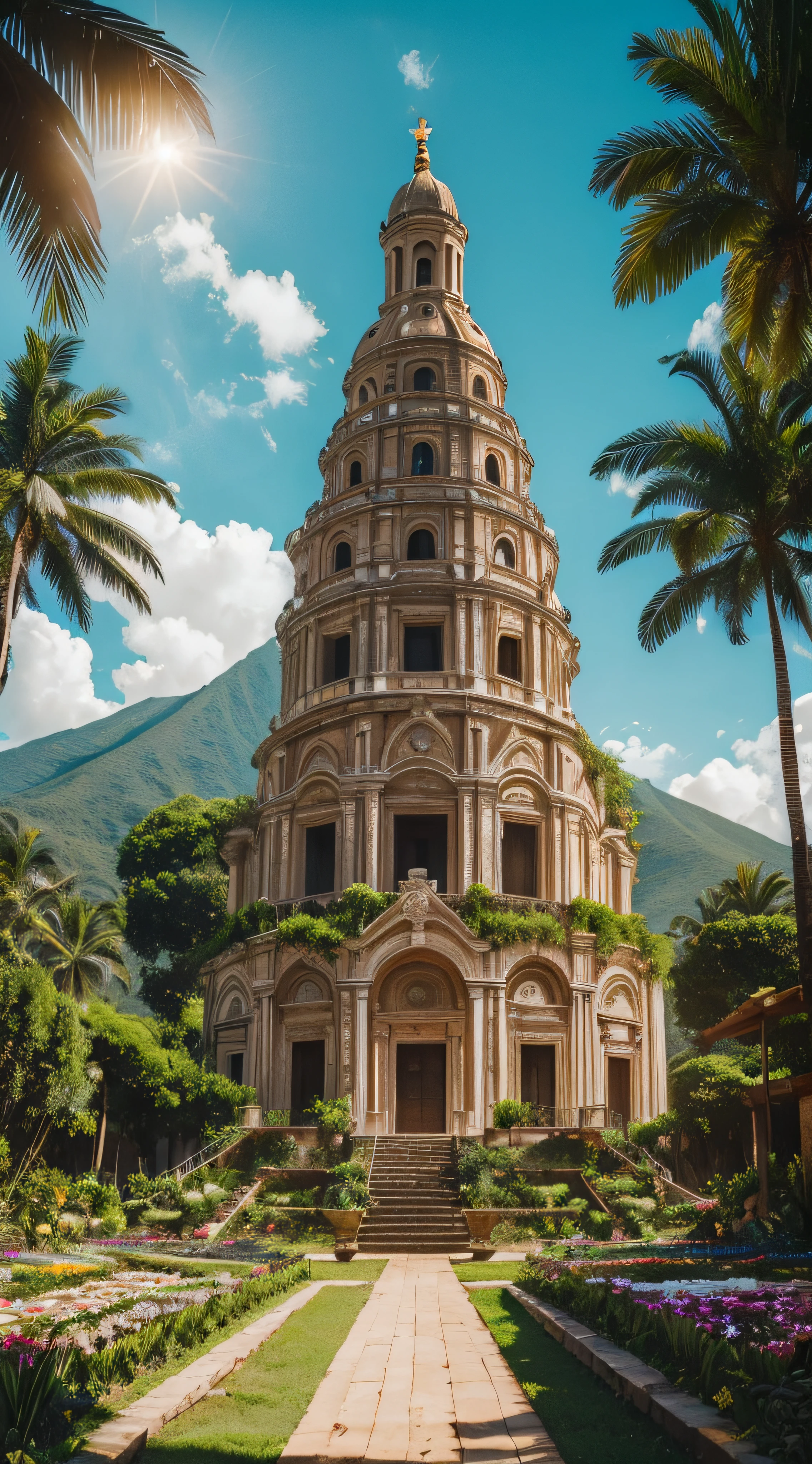 (extremadamente detallado, obra maestra, La mejor calidad, foto antigua, principios de siglo, VHS Aesthetics) Temple in the middle of a strange jungle. Vegetables from another dimension. Epic flowers far away, organic trees with meat. Luz noche.