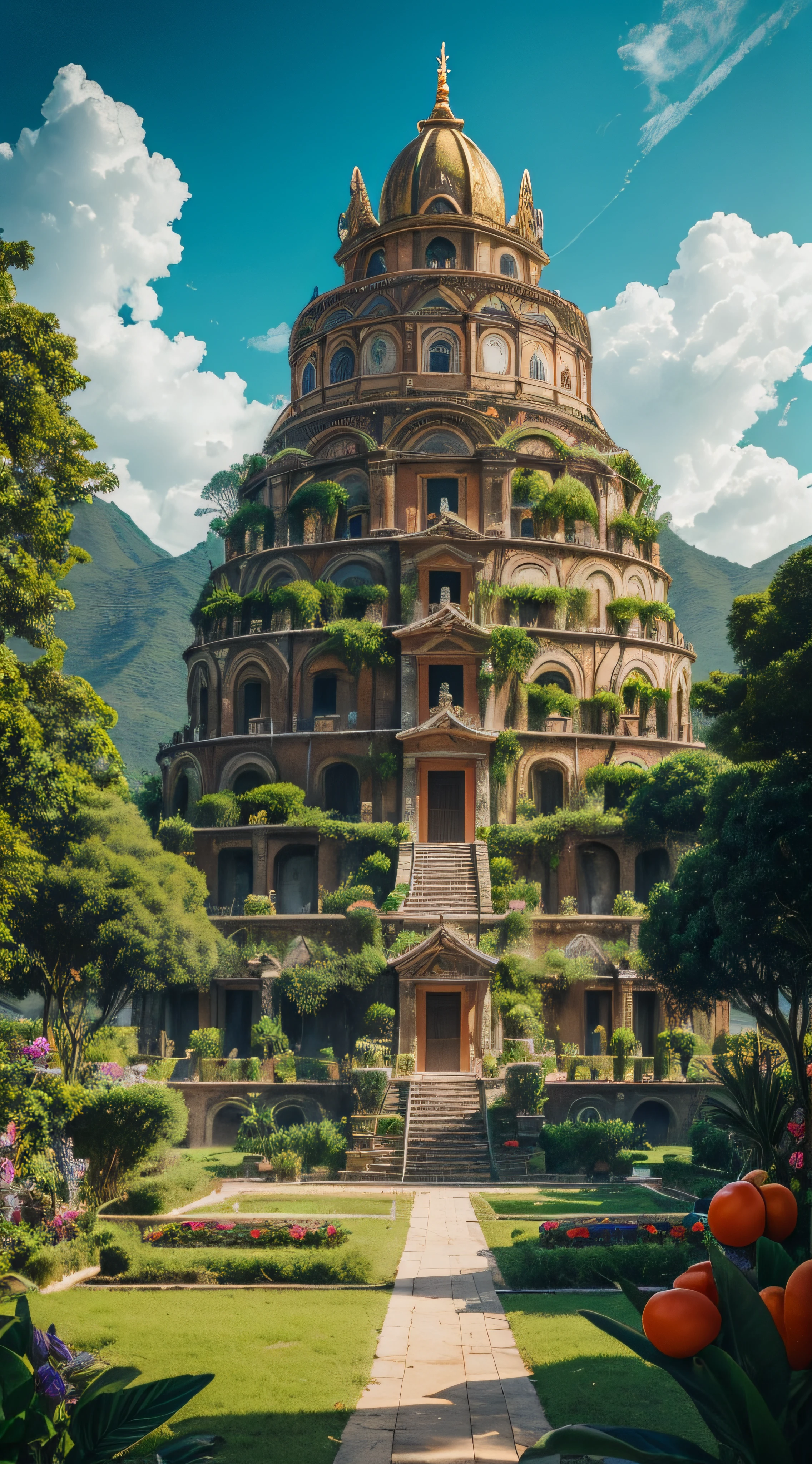 (extremadamente detallado, obra maestra, La mejor calidad, foto antigua, principios de siglo, VHS Aesthetics) Temple in the middle of a strange jungle. Vegetables from another dimension. Epic flowers far away, organic trees with meat. Luz noche.