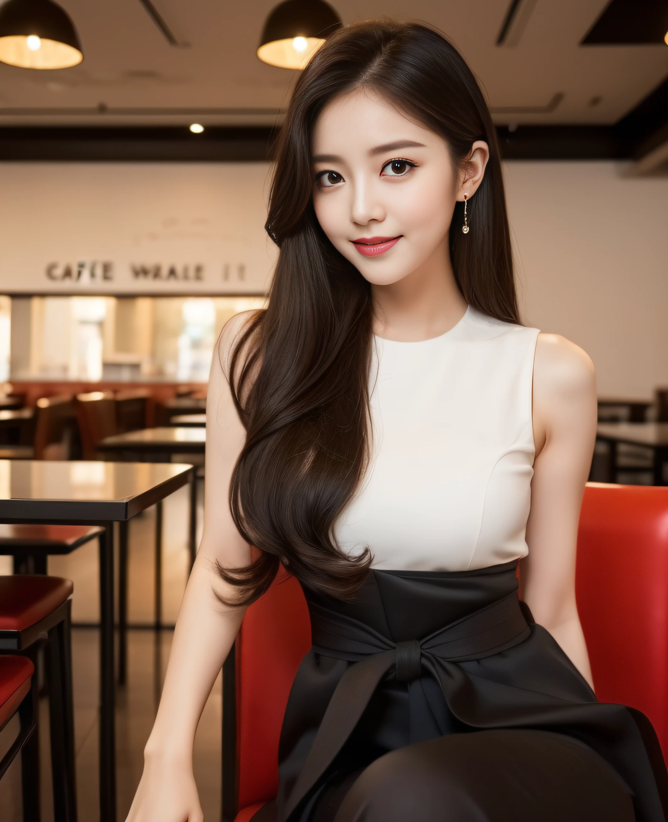 ((Top quality, 8K, Masterpiece: 1.3)), Beautiful girl, Pure, Melon face, Kind and cute, Sweet smile, Pure desire, Slender body, (Front), (Tilted head), ((Looking at camera) ), wearing a rose colored suit, black silky long hair, long flowing shoulders, round black big eyes, clear big eyes, moist red lips, sweet, sitting on a chair, cafe background ,(((waist shot))),,