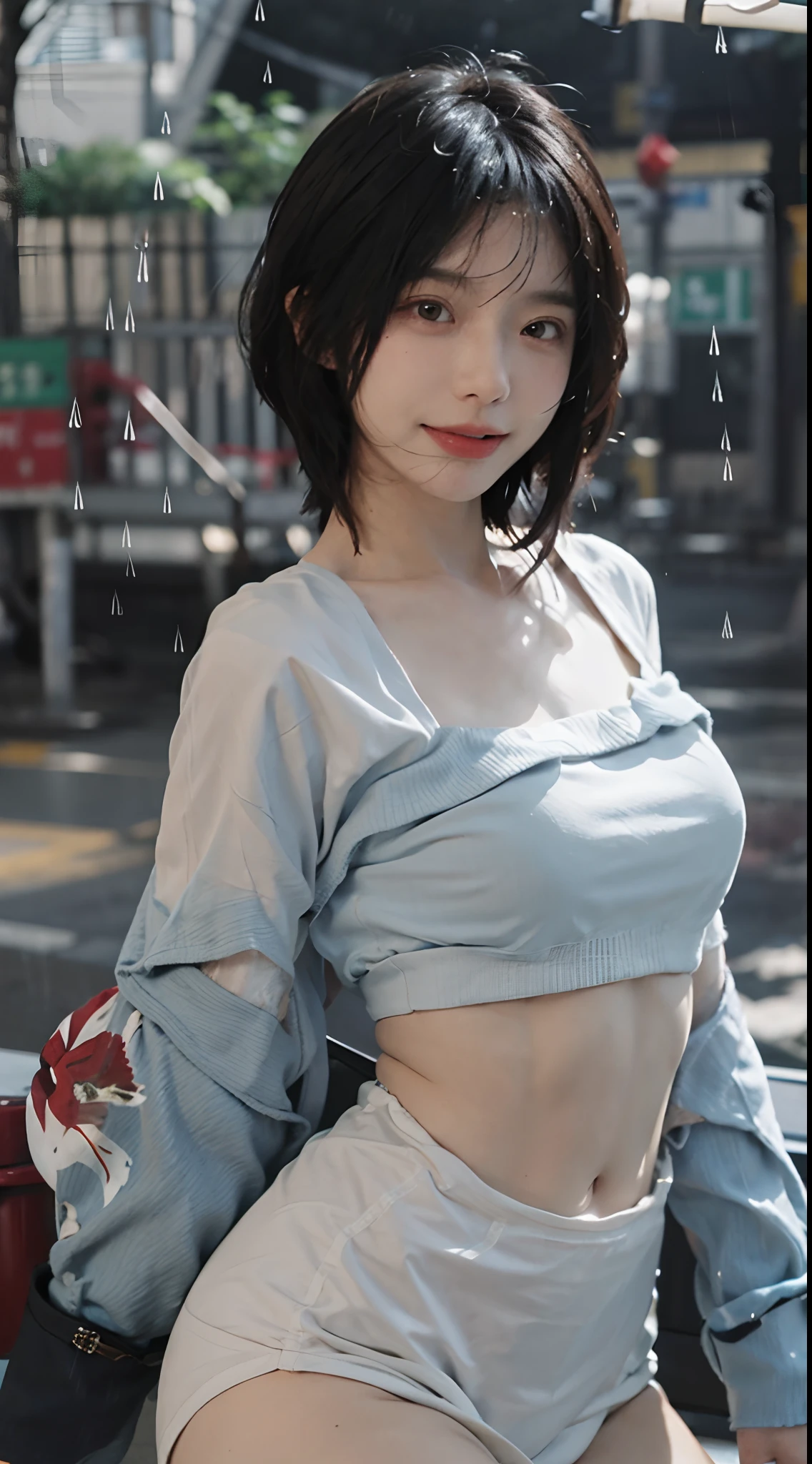 best qualtiy,tmasterpiece,超高分辨率,(realisticlying:1.4),Focus:1.2, perfect figure beautiful woman:1.4, Cocked buttocks:1.2, ((Cut hair in layers, Beautiful breasts:1.2)), (wetclothes:1.1) , (rain, street:1.3), Bandeau dress:1.1, Highly detailed facial and skin texture, A detailed eye, 二重まぶた,Whiten skin,long whitr hair,(Keep one's mouth shut:1.3),ssmile