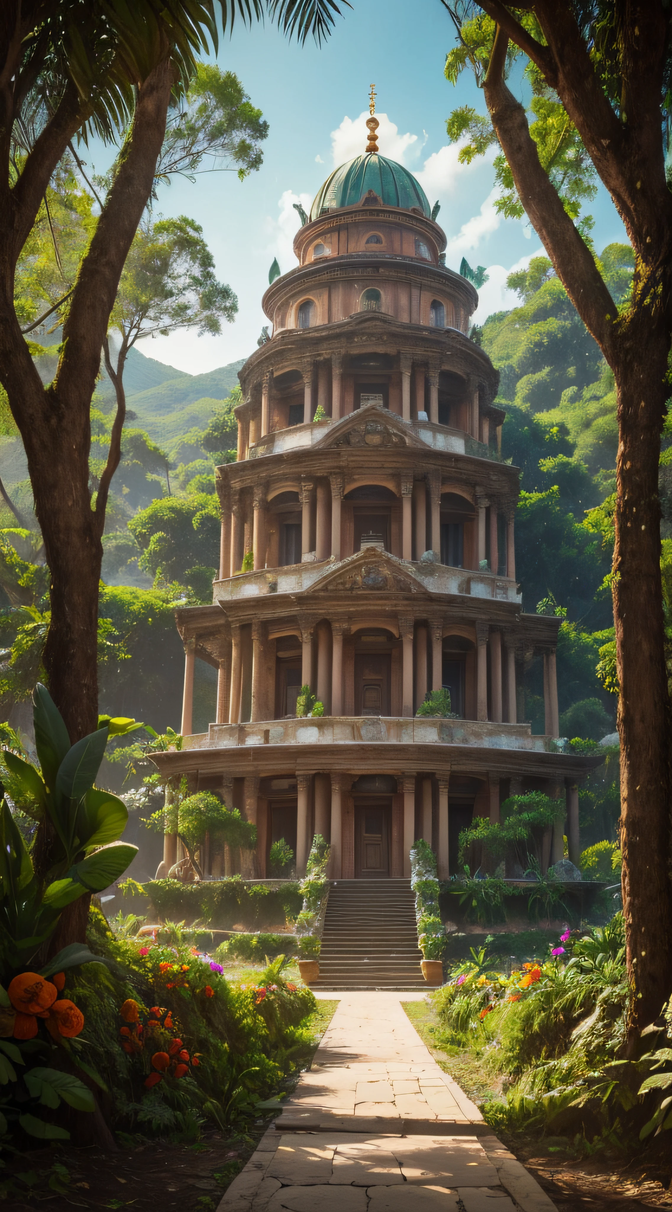 (extremadamente detallado, obra maestra, La mejor calidad, foto antigua, principios de siglo, VHS Aesthetics) Temple in the middle of a strange jungle. Vegetables from another dimension. Epic flowers far away, organic trees with meat. Luz noche.