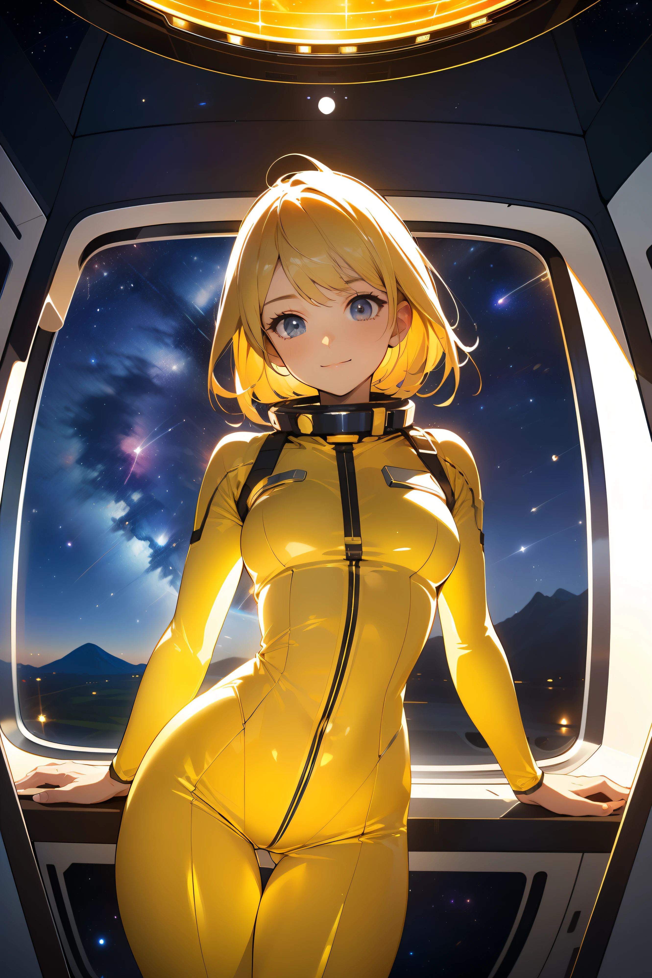 (masterpiece, best quality:1.2), (cowboy shot:1.1), solo, 1girl, mori yuki, slight smile, closed mouth, looking at viewer, blonde hair, thigh gap, yellow bodysuit, skin-tight, yellow gold, side view, perfect body, large window, (starship porthole:1.3), from front, (spread legs:1.3), (standing:1.1), thigh gap, perfect hands, bright starship interior, (outer space view:1.1), (orbital view:1.3), (night, stary sky:1.5), milky way