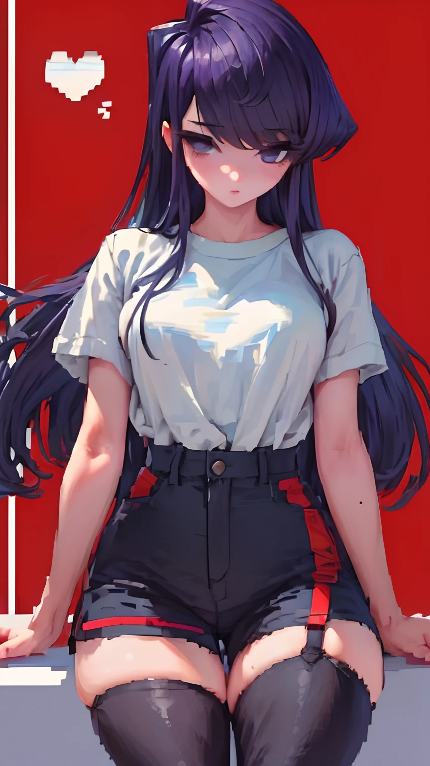 komi shouko,pixal style ,(A white border around a dark red rectangular background：2.5),The shirt，D-cups，Ultra shorts，black lence stockings，High detail,Moles under eyes, Heart-shaped pupils，Love pupils，Fleshy thighs,highly rendered，detailed face with