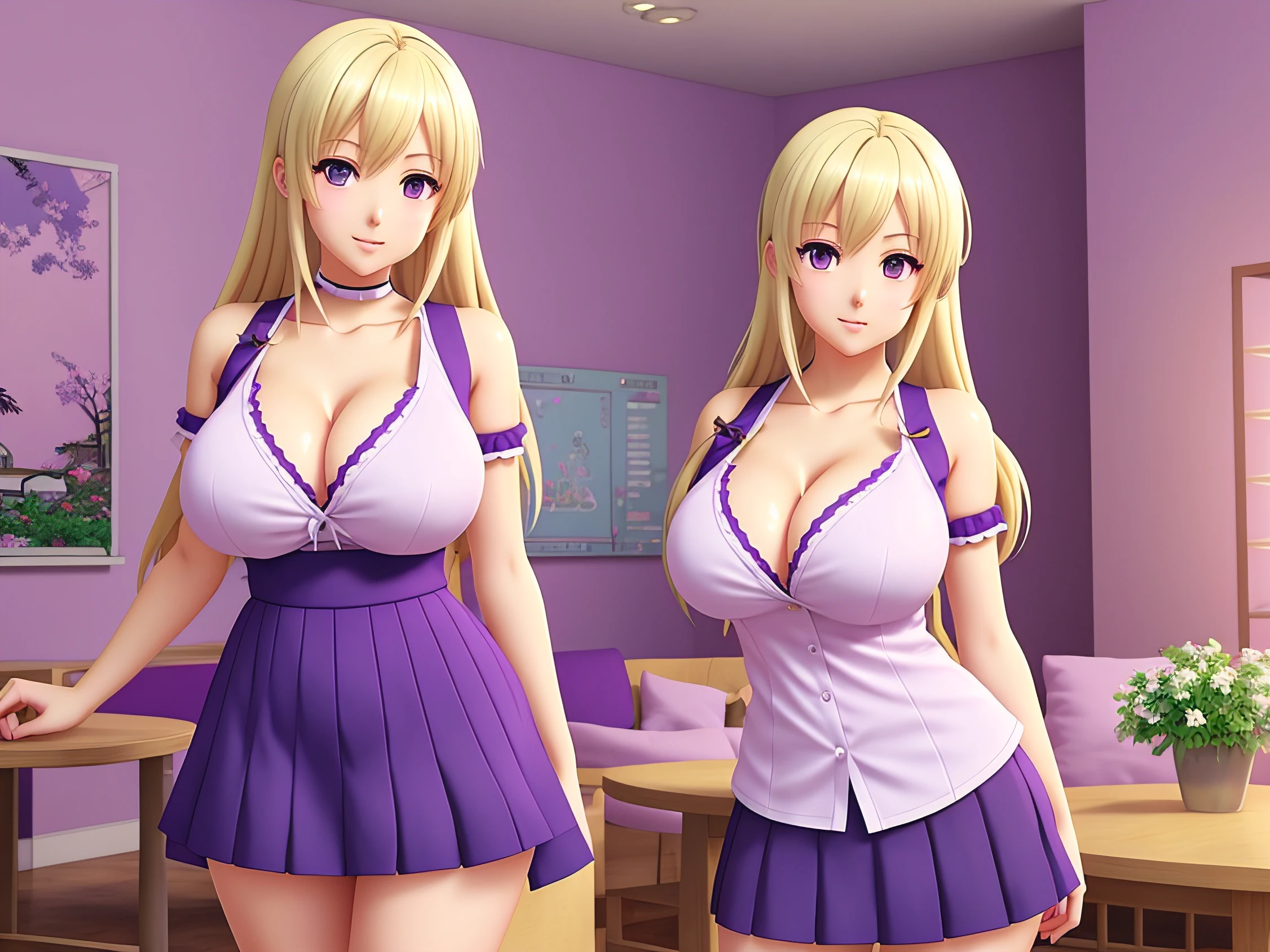 Anime girl with big breasts standing in living room with purple furniture, Ecchi anime style, beautiful alluring anime teen, Seductive Anime Girl, cell shaded adult animation, full-body close-up shot, Blonde, highly detailed full body, highly_Detailed!!, Realistic Schoolgirl, Smooth Anime CG Art, realistic anime 3 d style